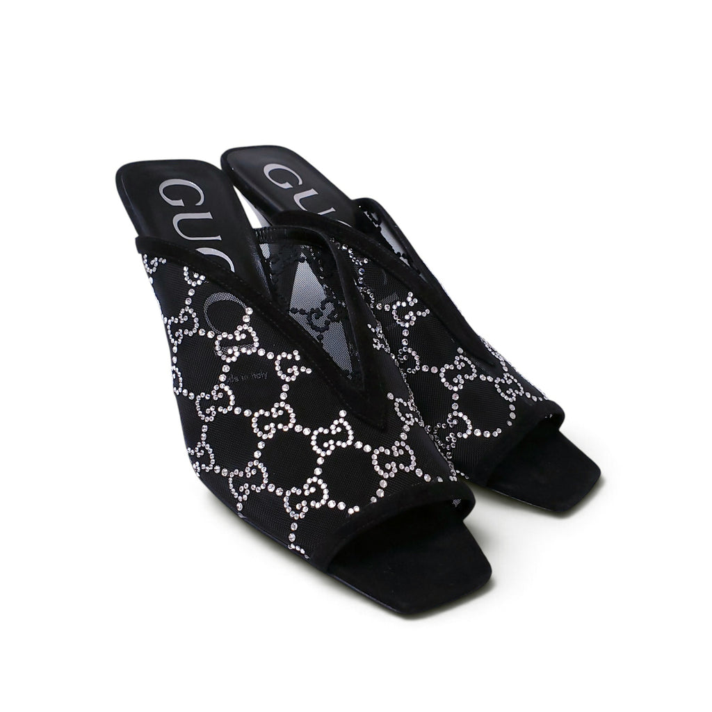 GUCCI CRYSTAL BLACK LOGO MULES  - SIZE 39