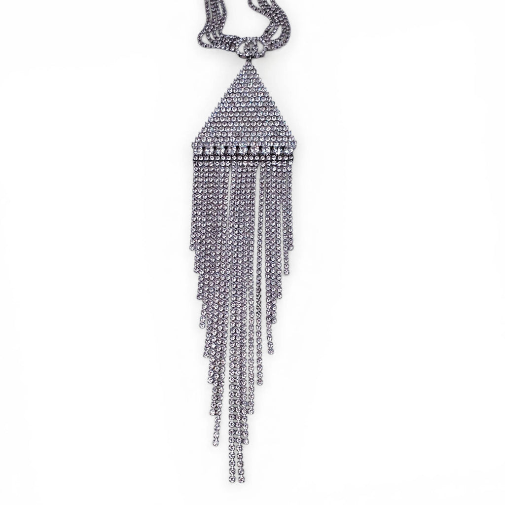 GUCCI CRYSTAL LOGO TRAINGLE FRINGE NECKLACE