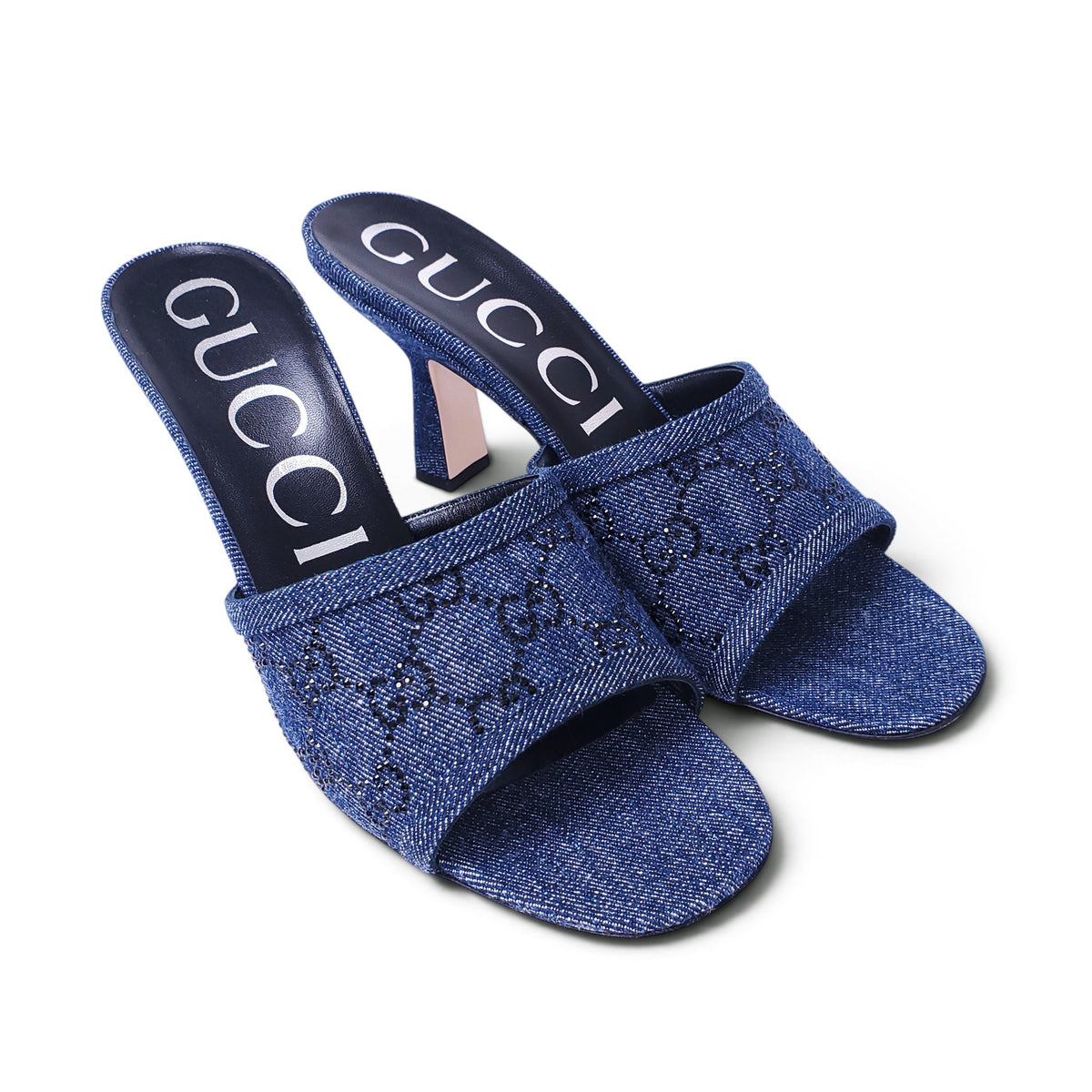 GUCCI DENIM CRYSTAL LOGO HEELS - SIZE 39