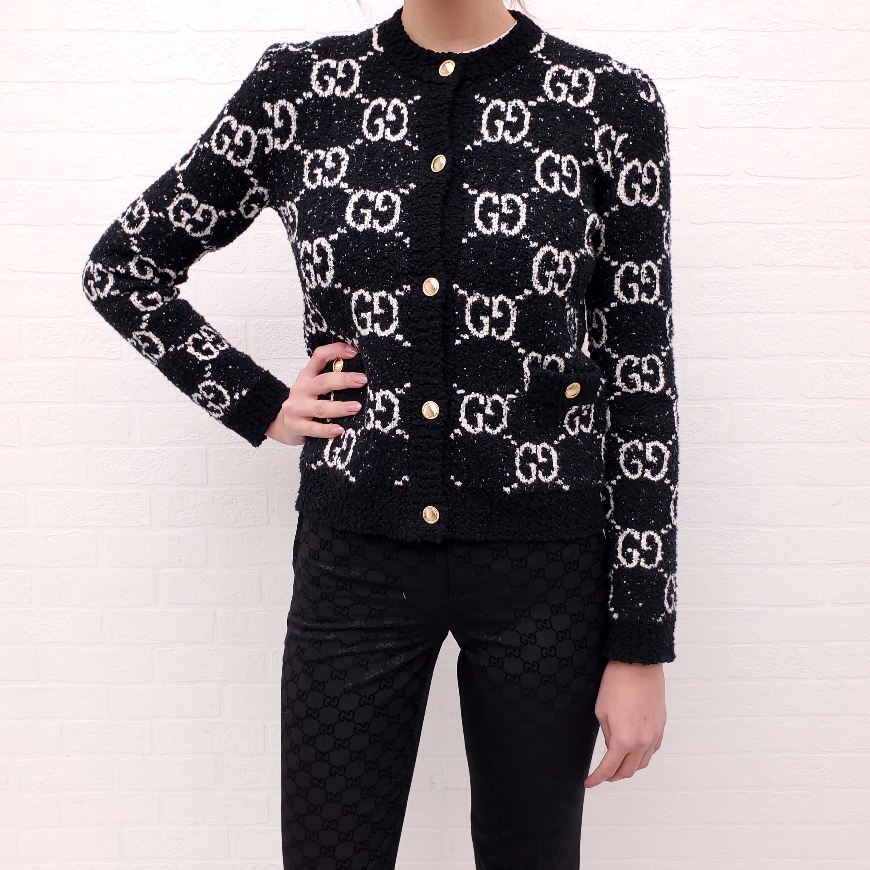 GUCCI GG BLACK AND WHITE BOUCLE CARDIGAN - SIZE XS