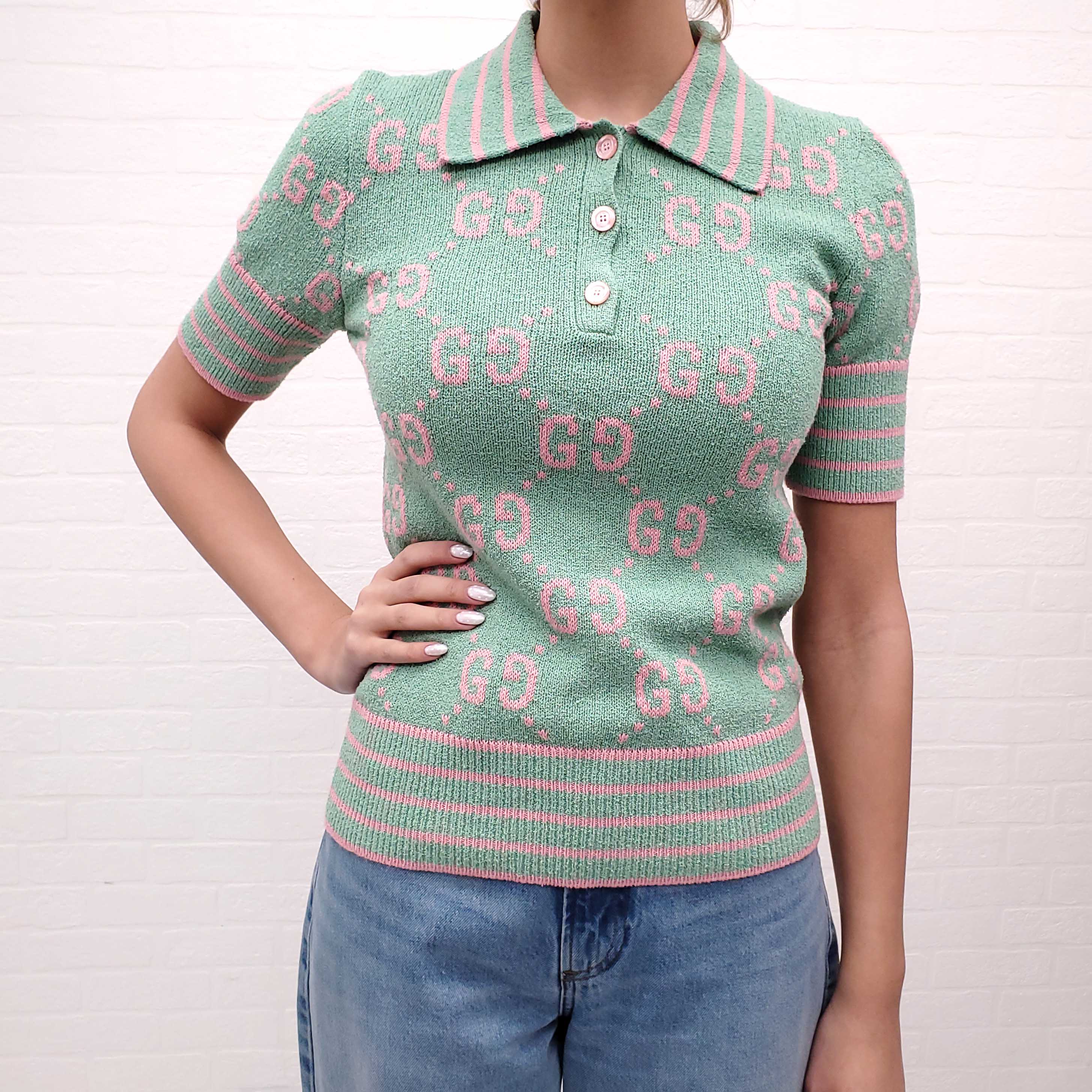 GUCCI GG JACQUARD KNITTED COTTON BLEND POLO SHIRT - SIZE S