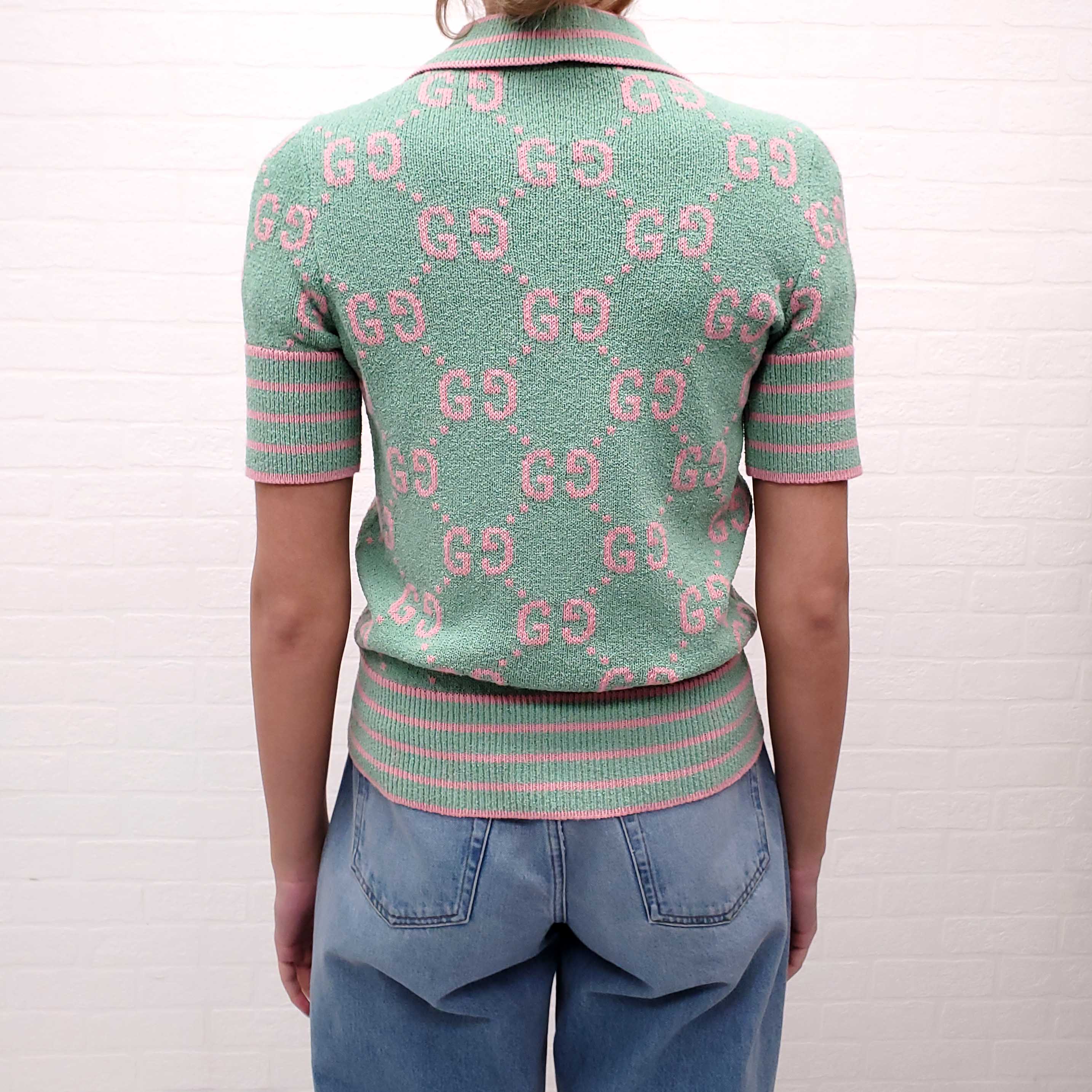 GUCCI GG JACQUARD KNITTED COTTON BLEND POLO SHIRT - SIZE S