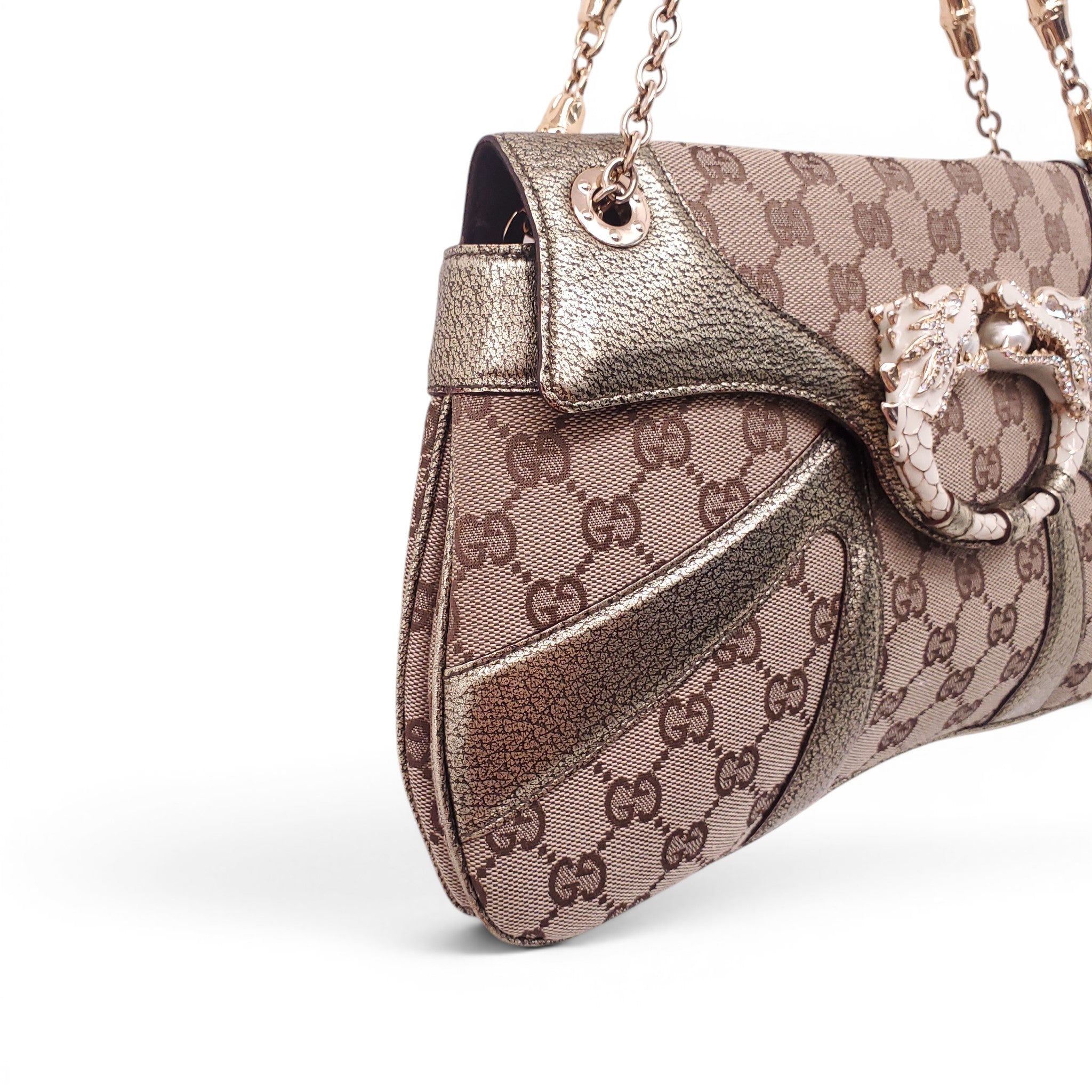 GUCCI GG MONOGRAM CANVAS AND LEATHER TRIM BAG WITH DRAGON EMBLEM