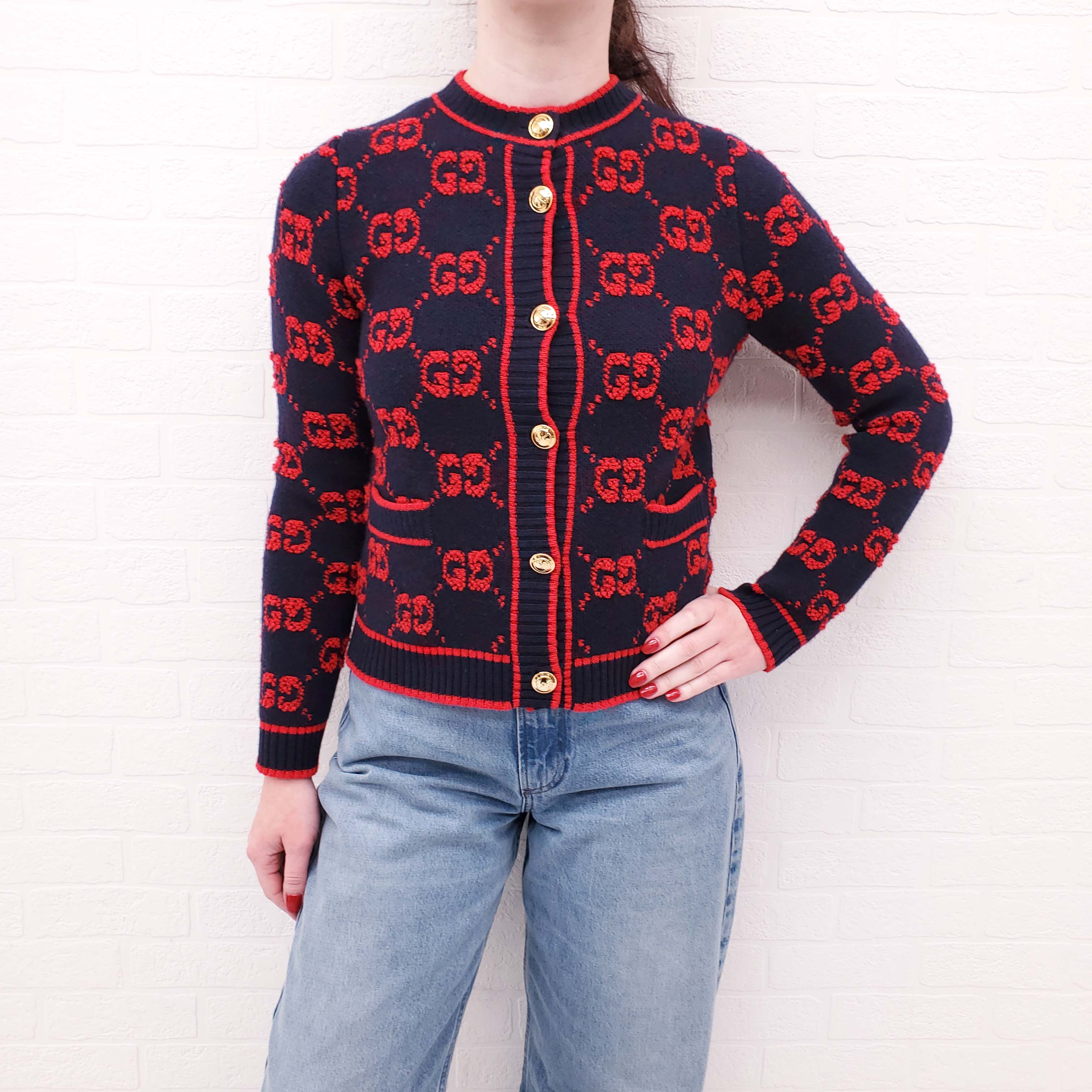GUCCI GG WOOL BOUCLE LOGO RED AND NAVY CARDIGAN - SIZE XS