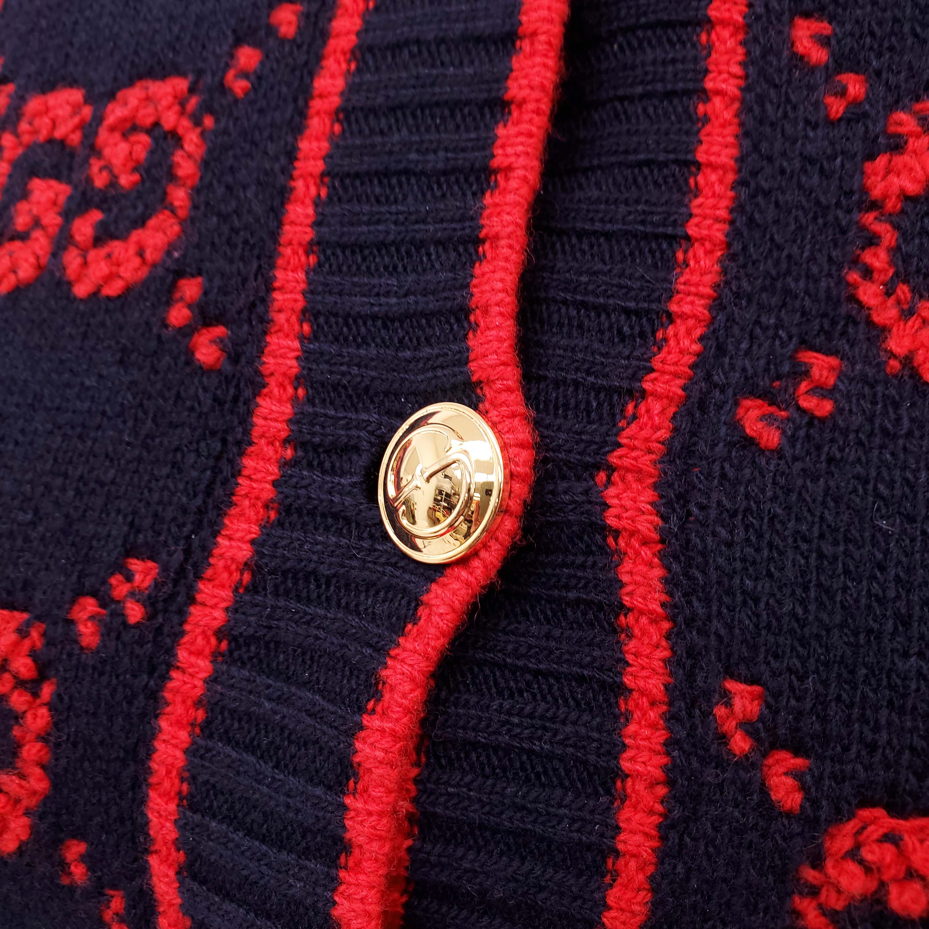 GUCCI GG WOOL BOUCLE LOGO RED AND NAVY CARDIGAN - SIZE XS