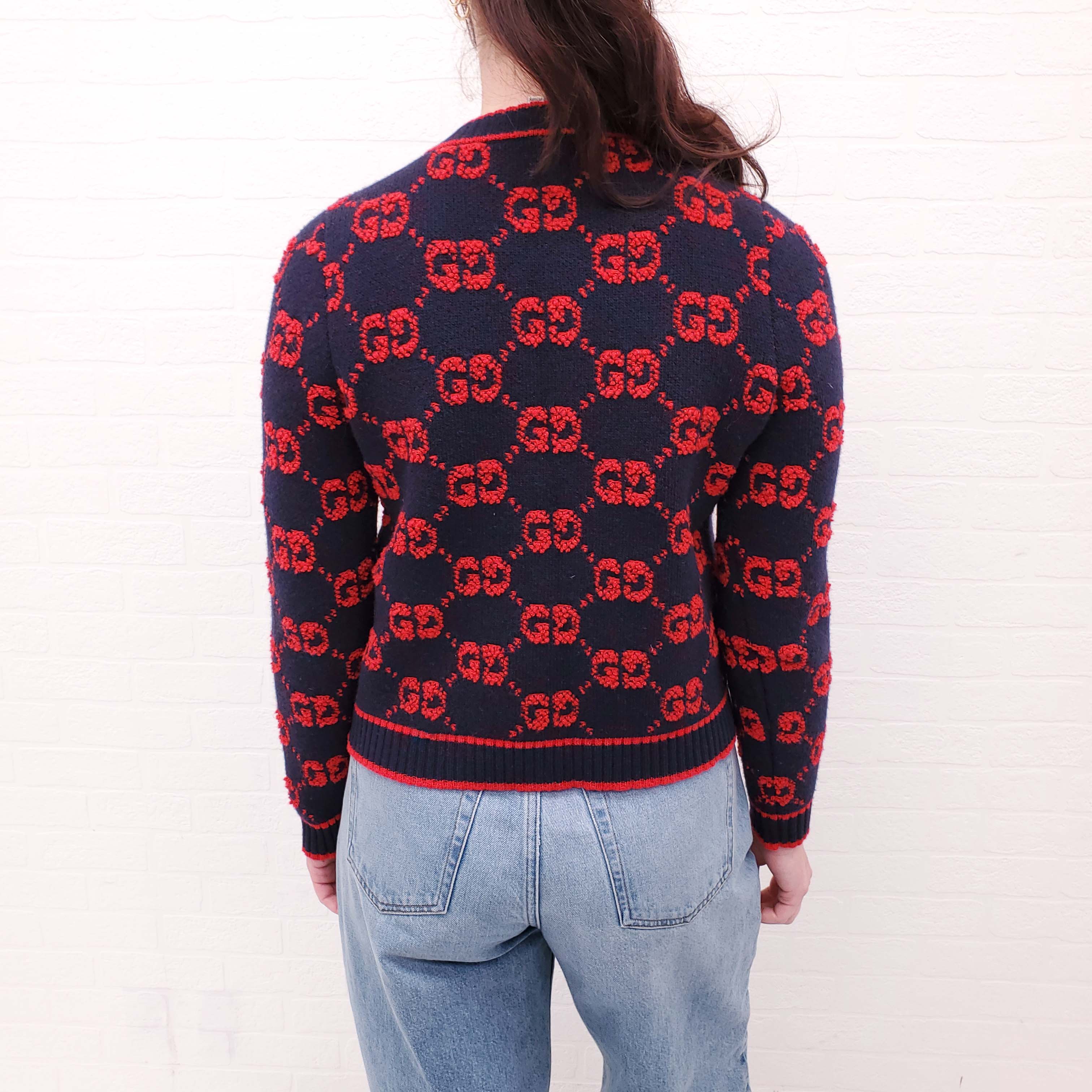GUCCI GG WOOL BOUCLE LOGO RED AND NAVY CARDIGAN - SIZE XS