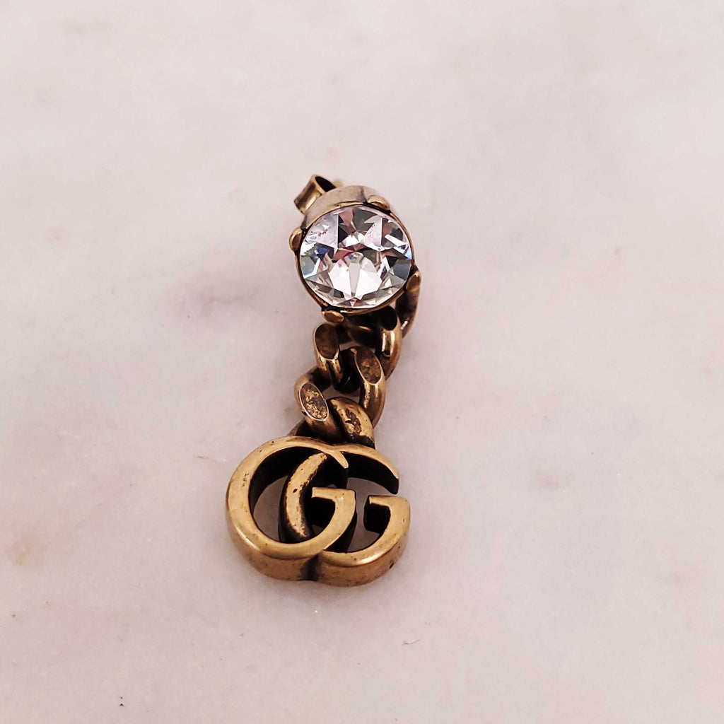 GUCCI GOLD LOGO DROP EARRINGS WITH CRYSTAL