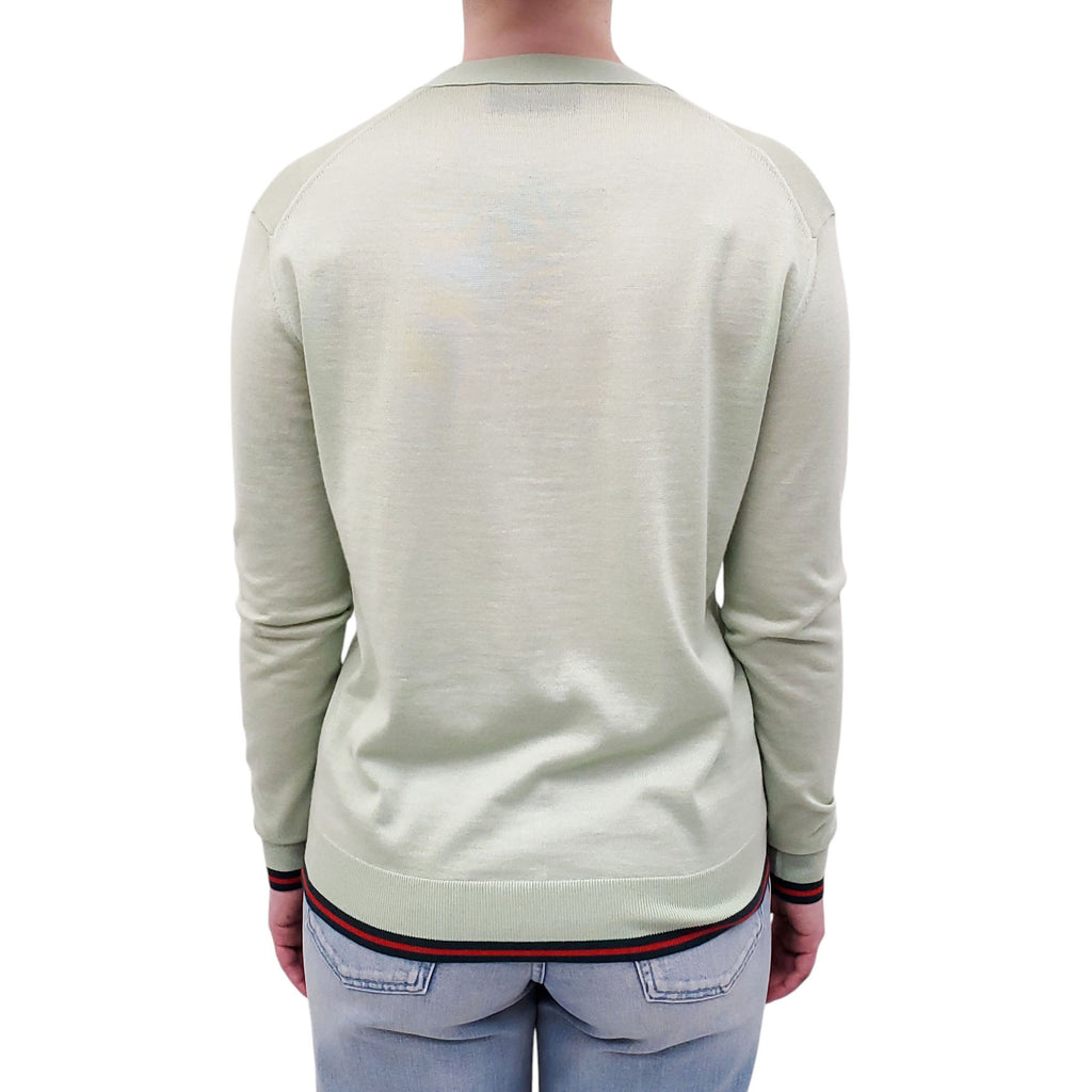 GUCCI GREEN CASHMERE & SILK LIGHTWEIGHT CARDIGAN WITH RIBBON STRIPE - SIZE XS