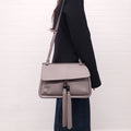 GUCCI GREY PEBBLED LEATHER CROSSBODY BAG WITH BAMBOO DETAIL