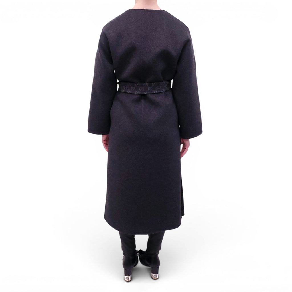 GUCCI GREY REVERSIBLE WOOL BLEND GG LOGO COAT WITH BELT - SIZE 36