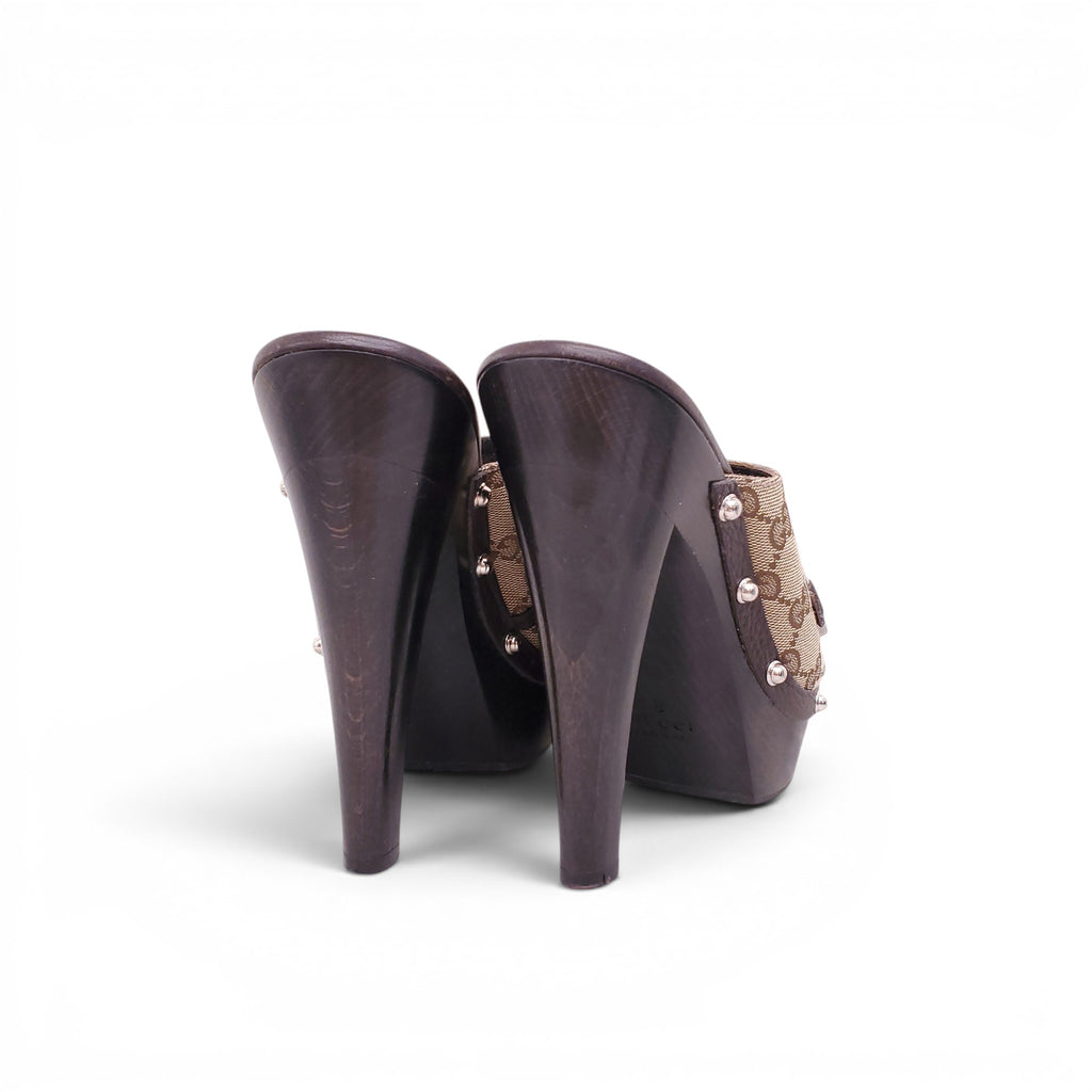 GUCCI MONOGRAM CANVAS HORSEBIT MULES - SIZE 37