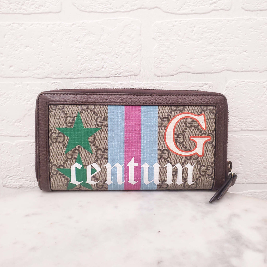 GUCCI MONOGRAM ZIP AROUND WALLET WITH BAMBOO DETAIL
