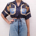 GUCCI NAVY AND YELLOW POLKA DOT SILK PATTERNED CROPPED BLOUSE - SIZE 38
