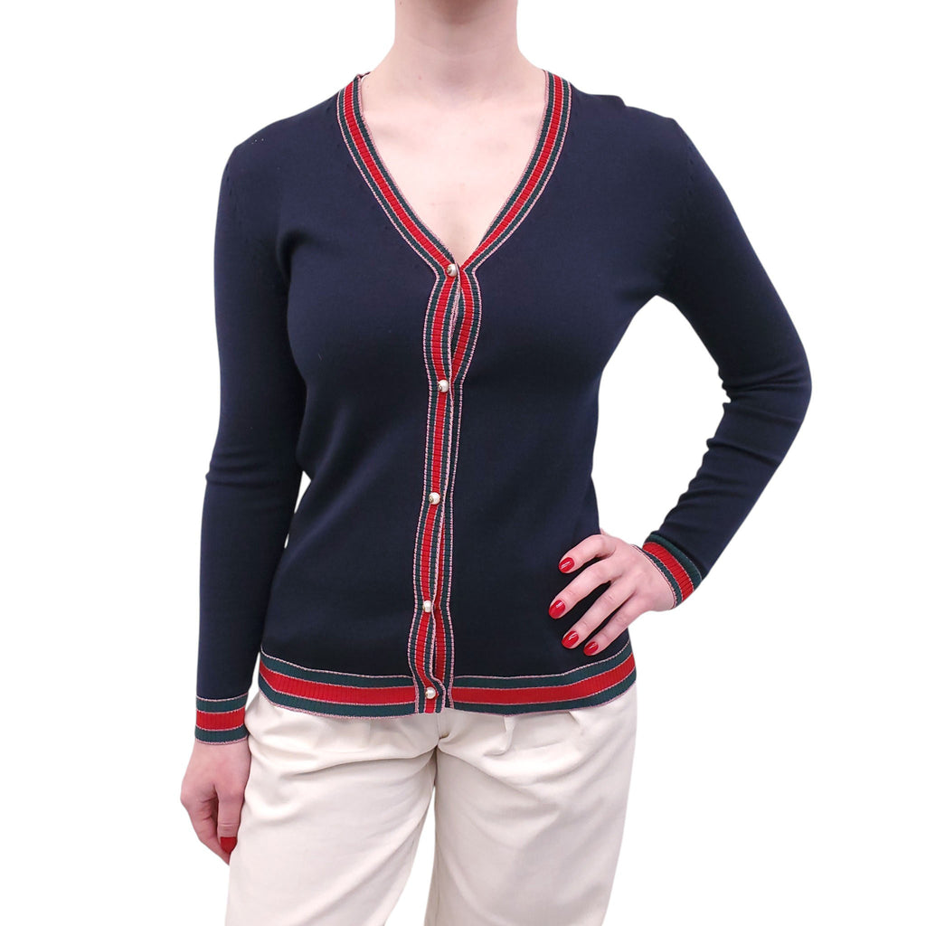 GUCCI NAVY CARDIGAN WITH WEB DETAIL AND PEARL LOGO BUTTONS - SIZE S