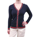 GUCCI NAVY CARDIGAN WITH WEB DETAIL AND PEARL LOGO BUTTONS - SIZE S