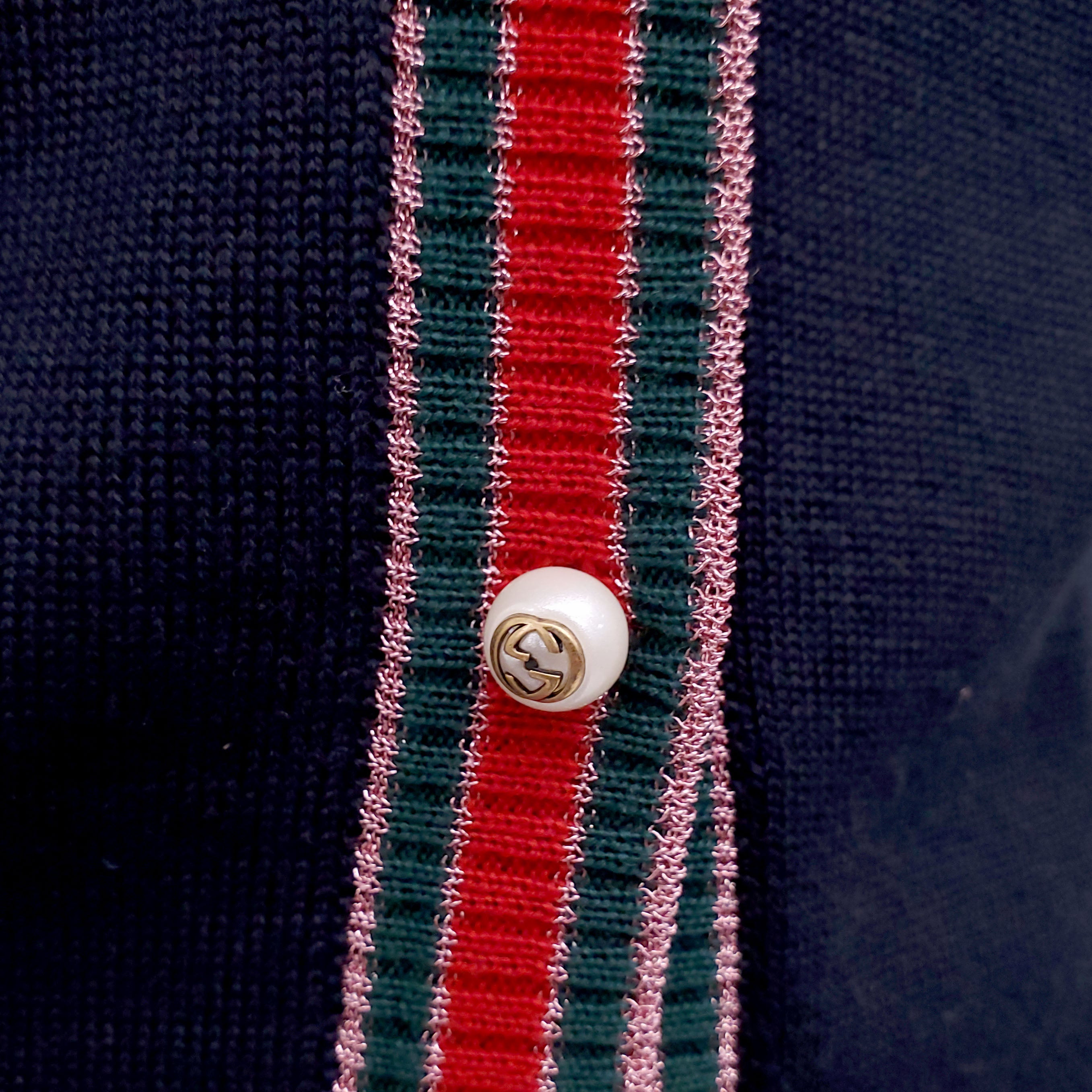 GUCCI NAVY CARDIGAN WITH WEB DETAIL AND PEARL LOGO BUTTONS - SIZE S