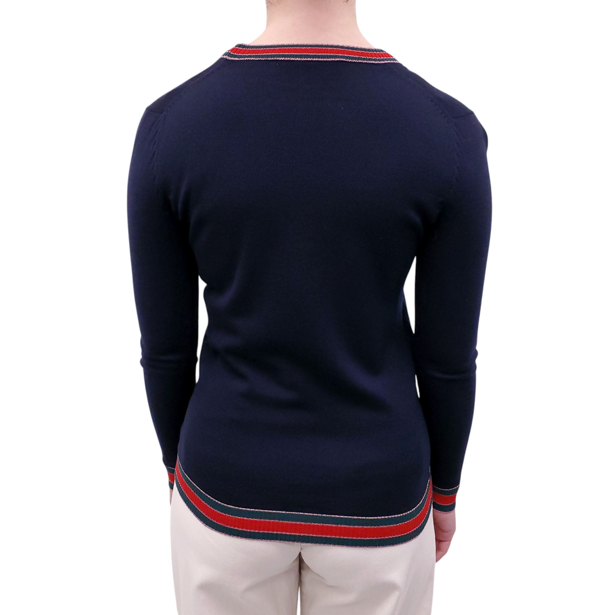 GUCCI NAVY CARDIGAN WITH WEB DETAIL AND PEARL LOGO BUTTONS - SIZE S