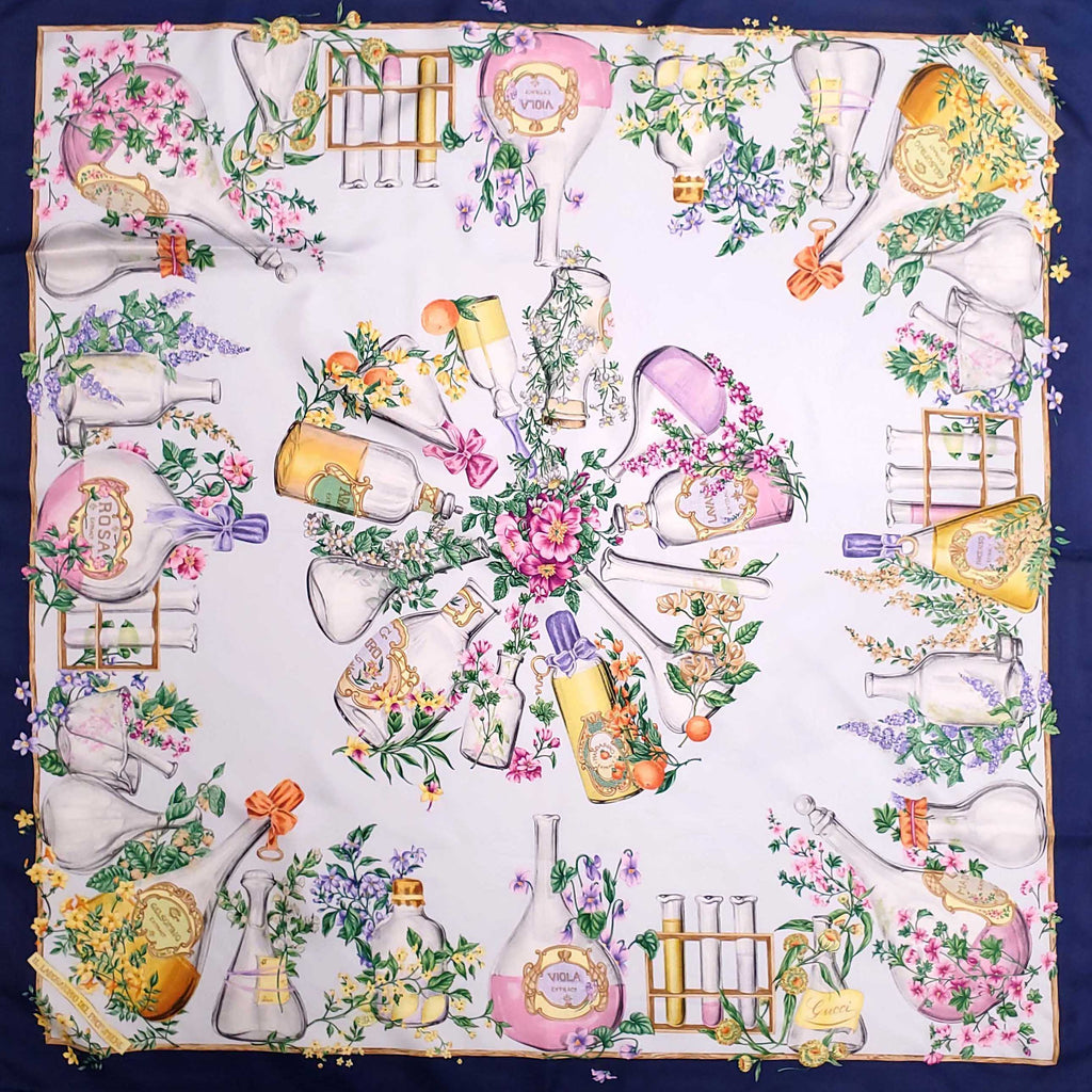 GUCCI NAVY FLORAL PRINTED SILK PRINTED SCARF