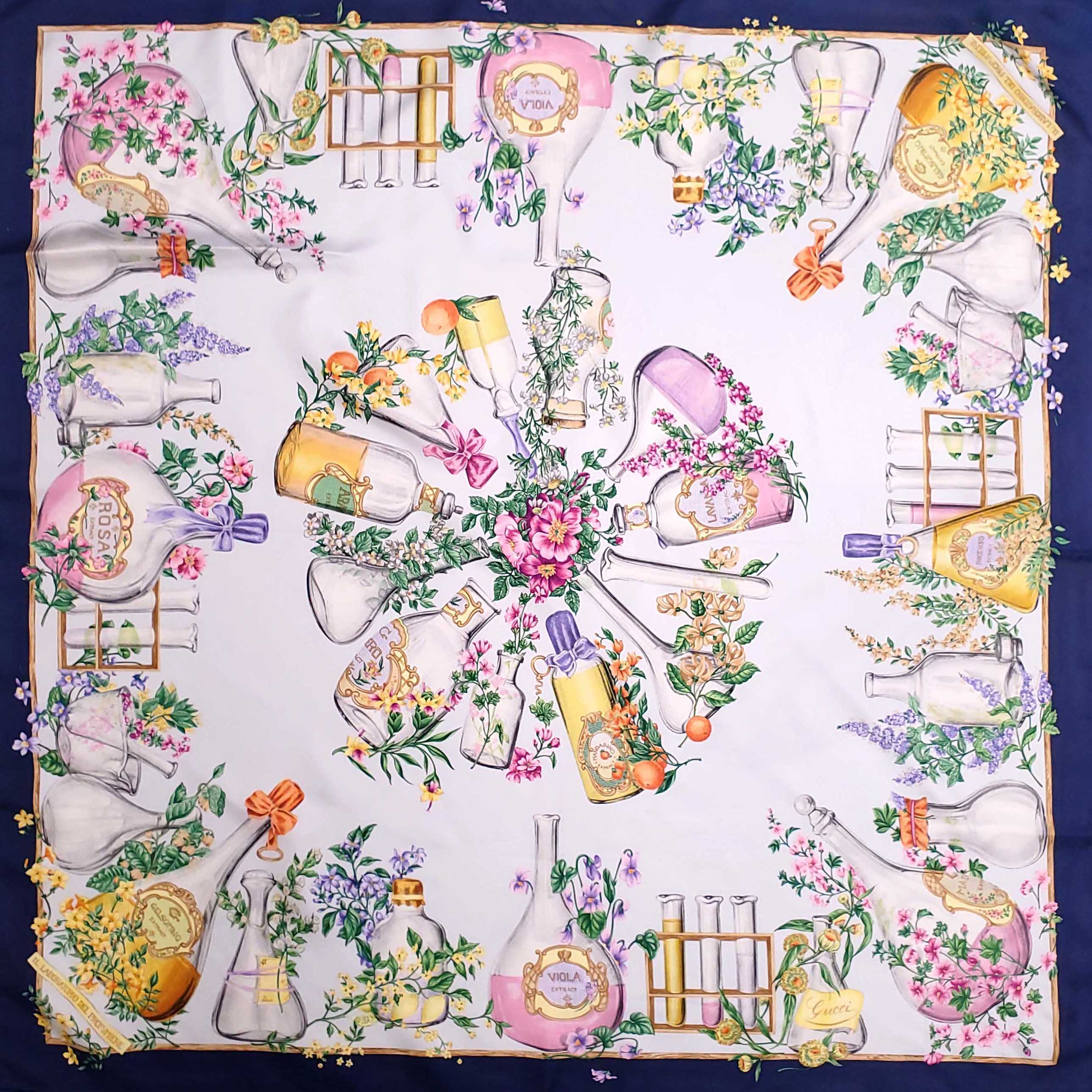 GUCCI NAVY FLORAL PRINTED SILK PRINTED SCARF