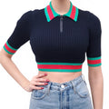 GUCCI NAVY RIBBED SHORT SLEEVE SWEATER WITH GREEN AND RED RIBBON - SIZE XS
