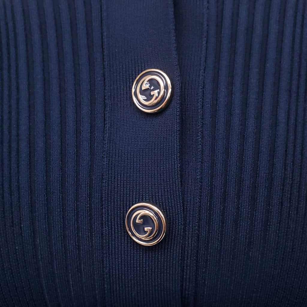 GUCCI NAVY STRIPED LONG SLEEVE POLO WITH LOGO BUTTONS - SIZE XS