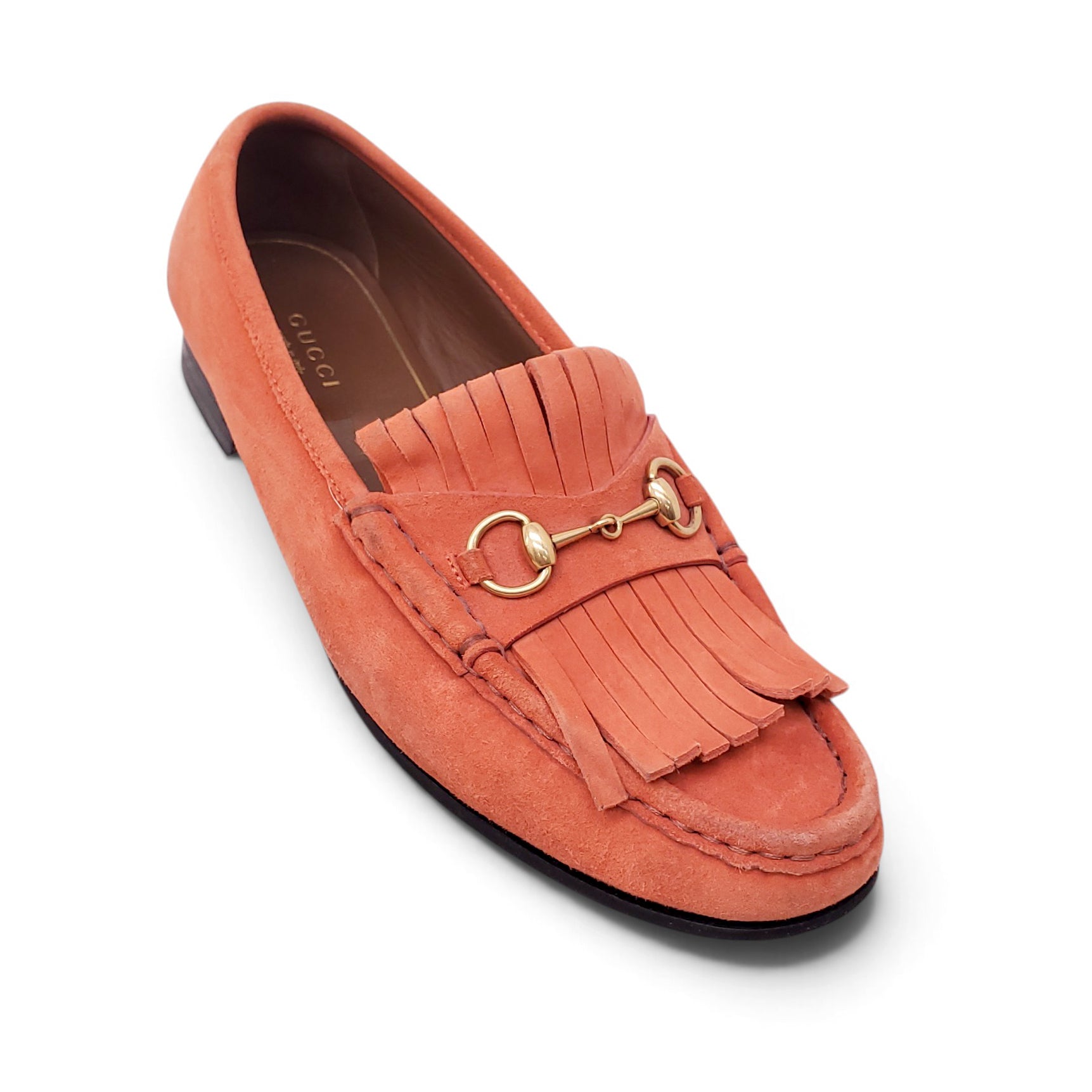 GUCCI ORANGE SUEDE LOAFERS WITH TASSEL DETAILS - SIZE 38.5