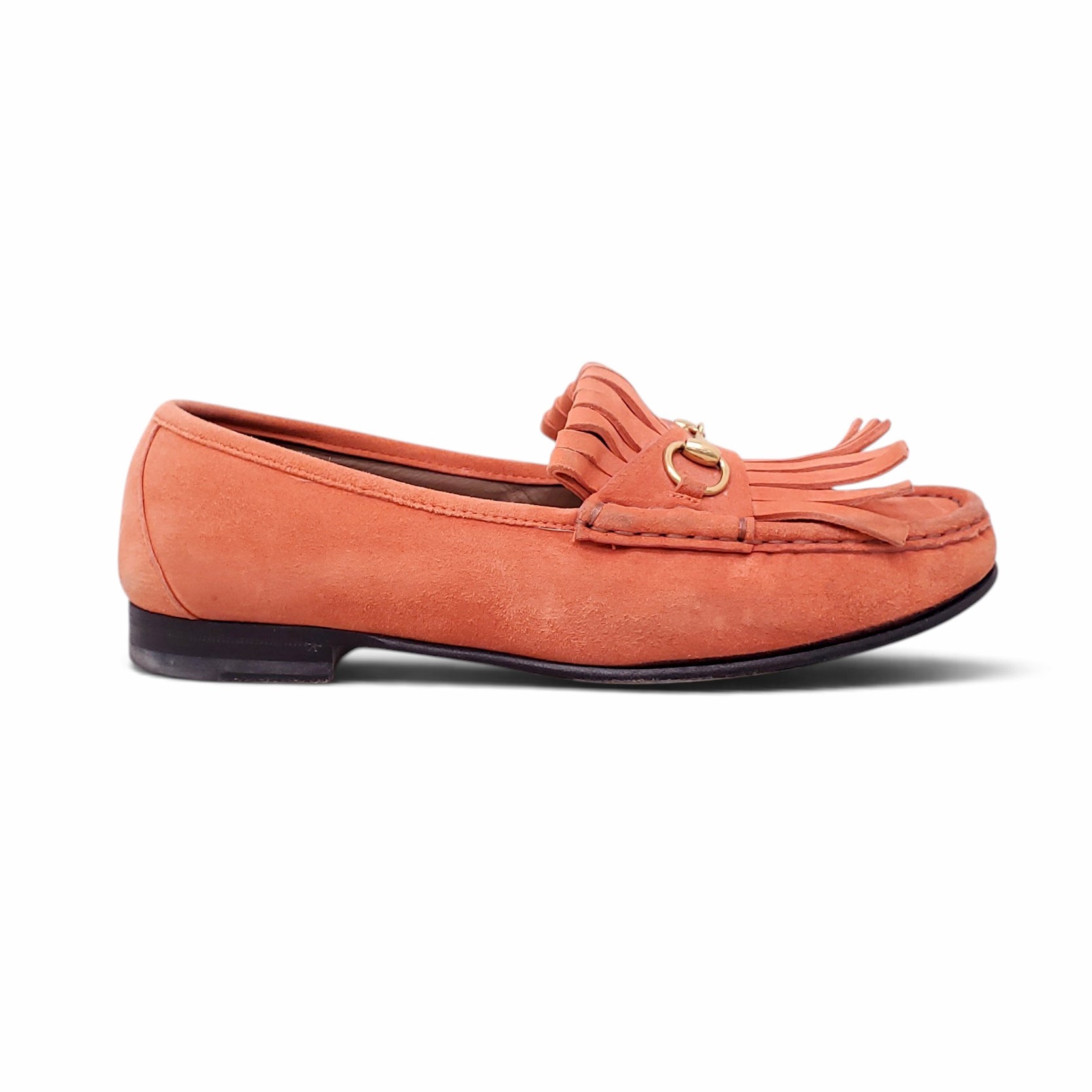 GUCCI ORANGE SUEDE LOAFERS WITH TASSEL DETAILS - SIZE 38.5