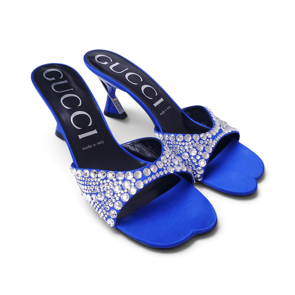 GUCCI SATIN ROYAL BLUE MULES WITH CRYSTALS - SIZE 39