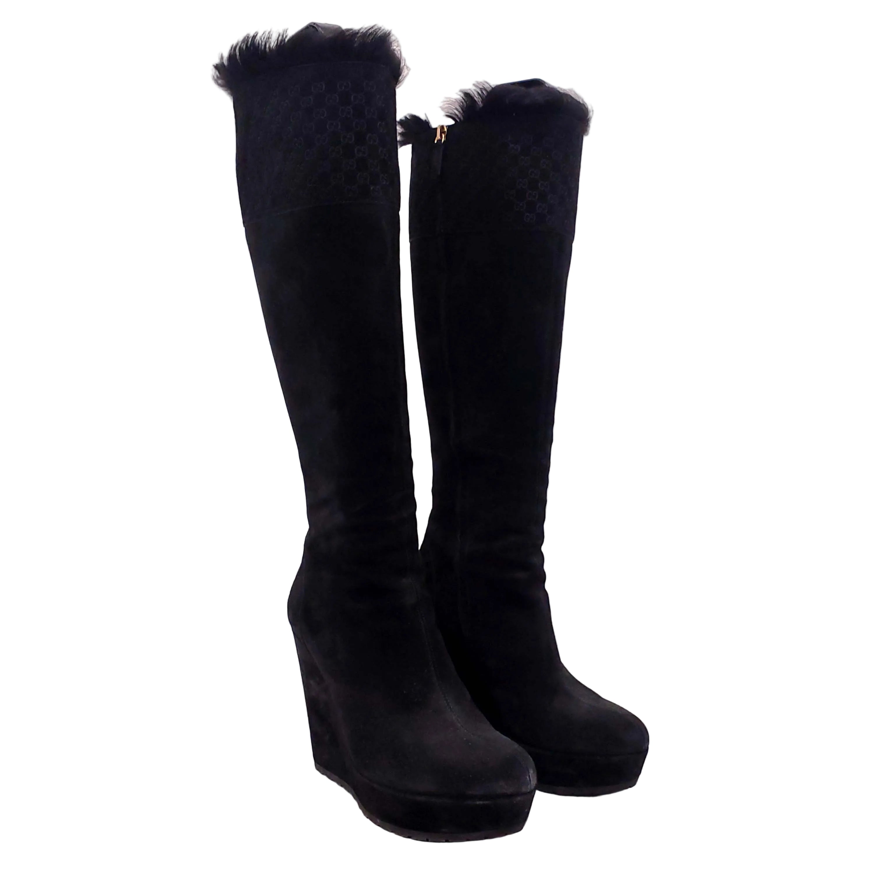 GUCCI SUEDE KNEE HIGH BOOTS WITH GG LOGO & FUR  - SIZE 38