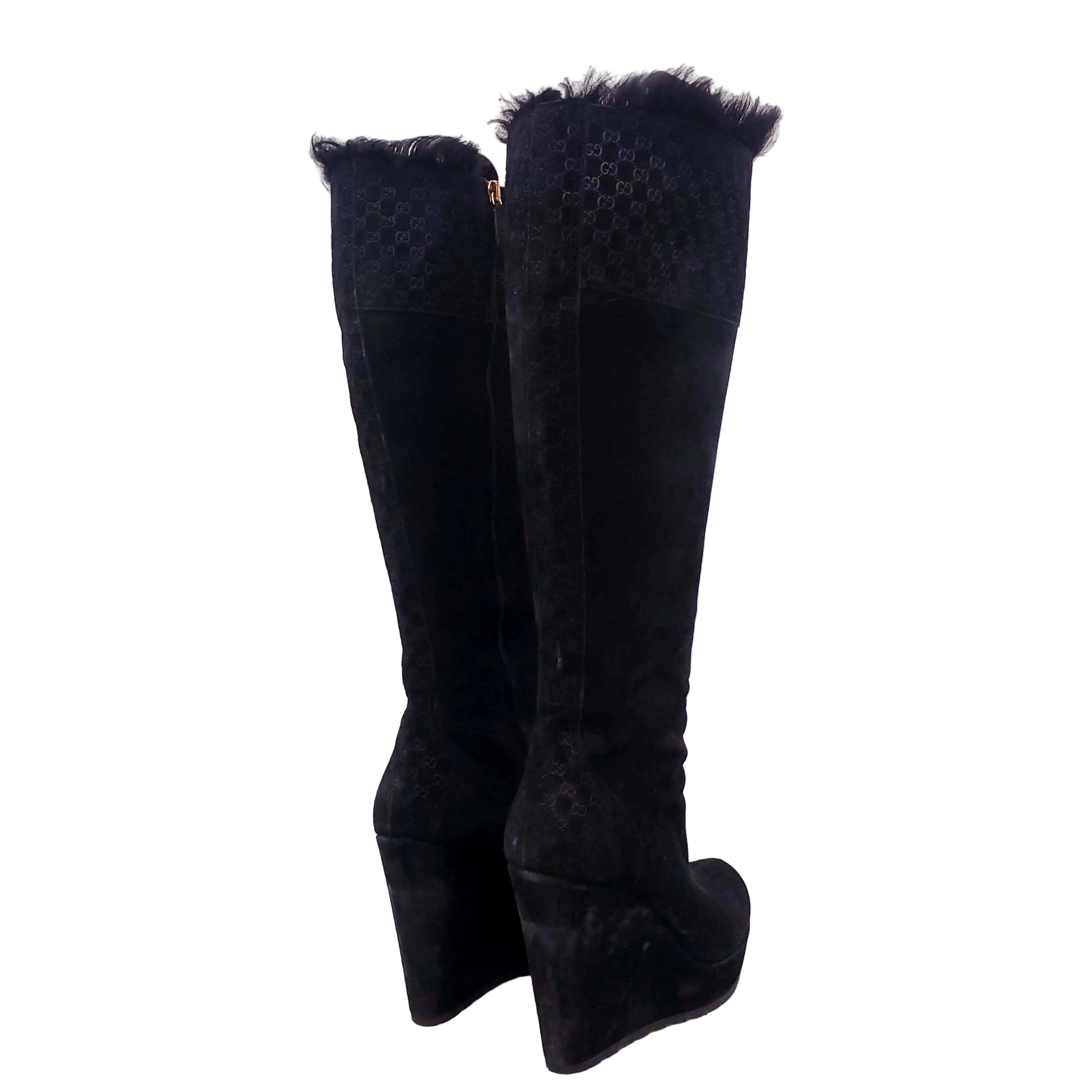 GUCCI SUEDE KNEE HIGH BOOTS WITH GG LOGO & FUR  - SIZE 38