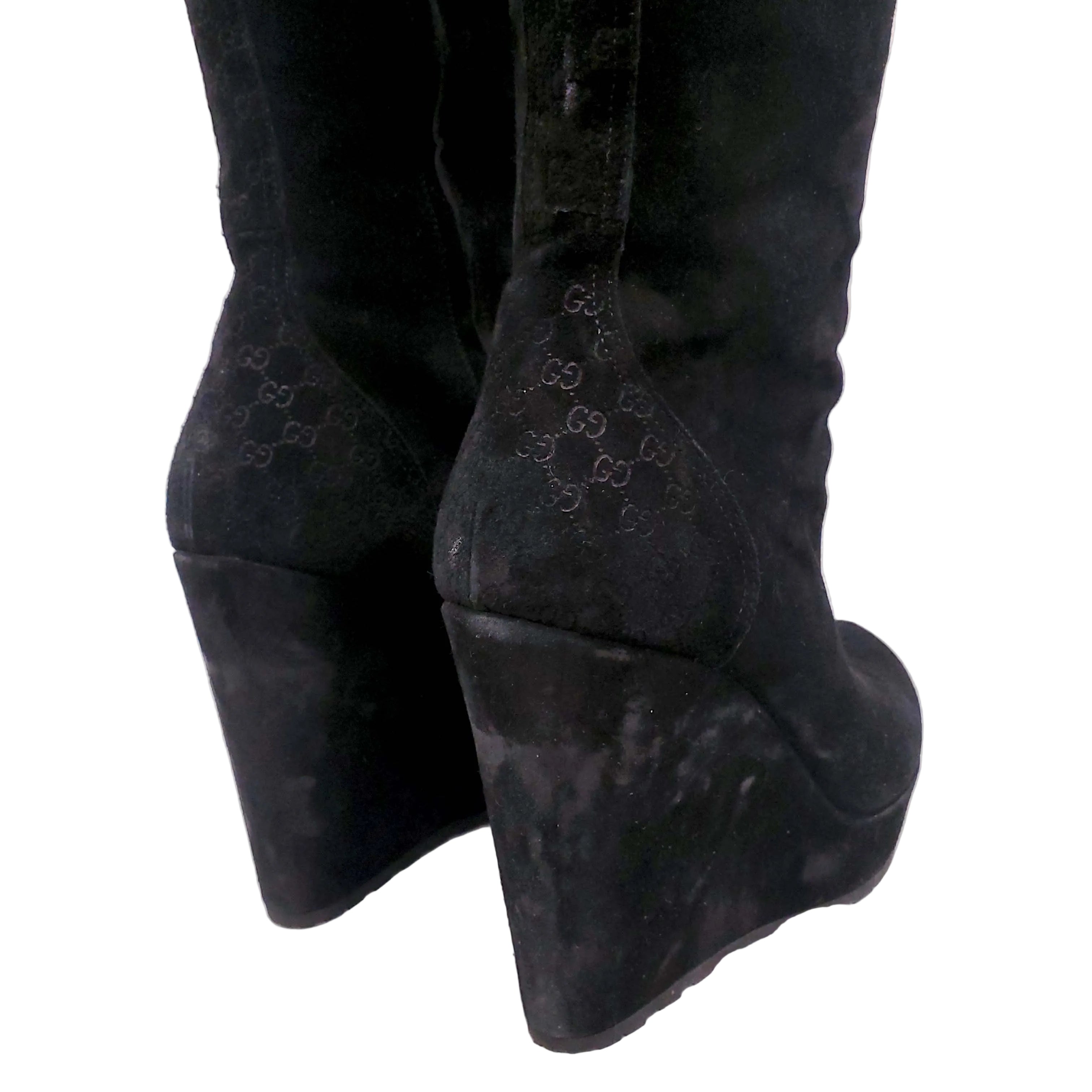 GUCCI SUEDE KNEE HIGH BOOTS WITH GG LOGO & FUR  - SIZE 38