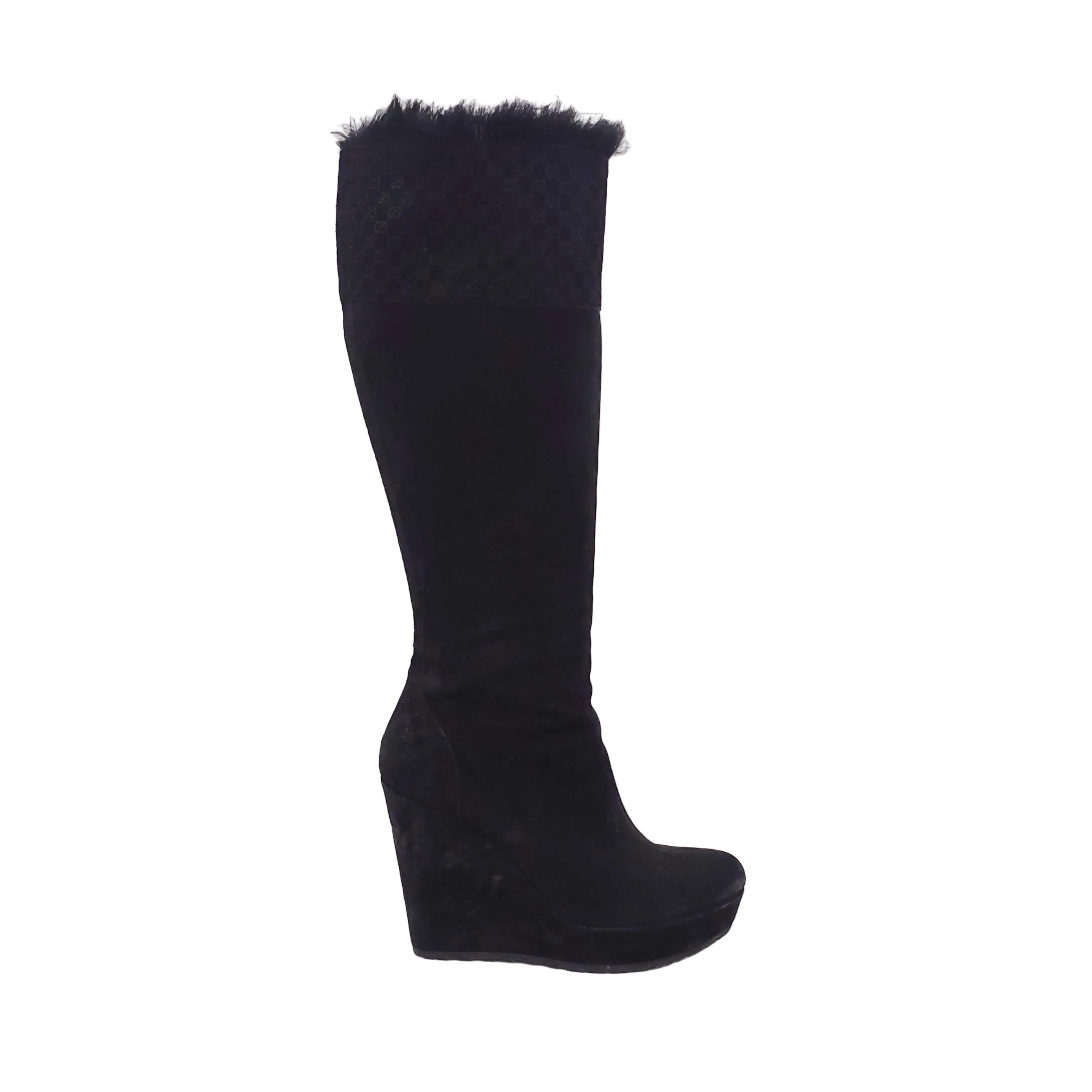 GUCCI SUEDE KNEE HIGH BOOTS WITH GG LOGO & FUR  - SIZE 38