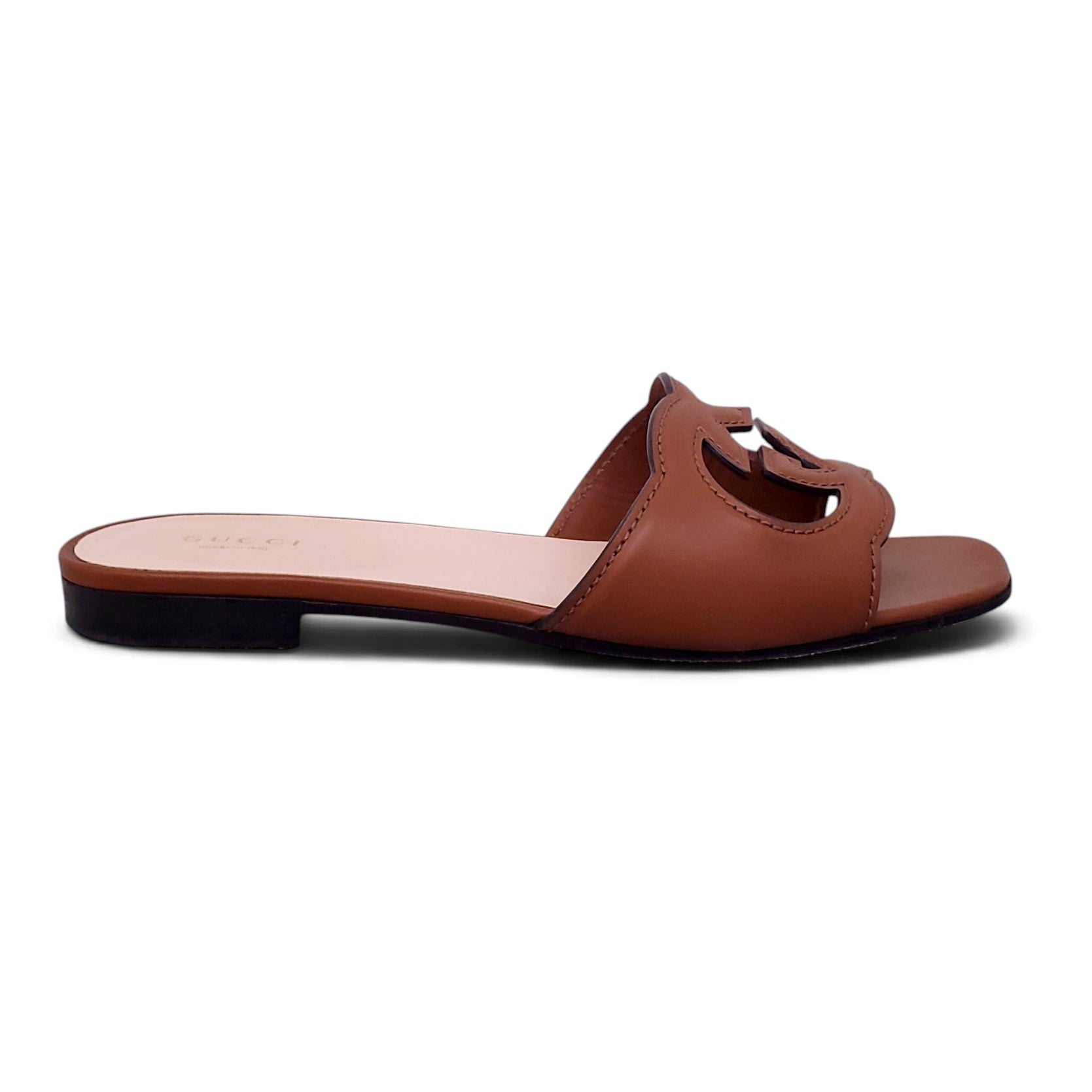 GUCCI TAN LEATHER LOGO SANDALS - SIZE 38