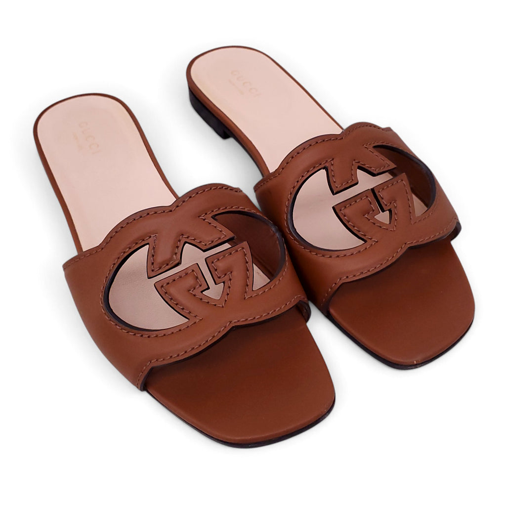 GUCCI TAN LEATHER LOGO SANDALS - SIZE 38