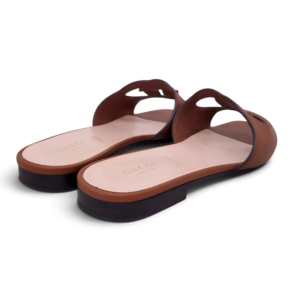 GUCCI TAN LEATHER LOGO SANDALS - SIZE 38
