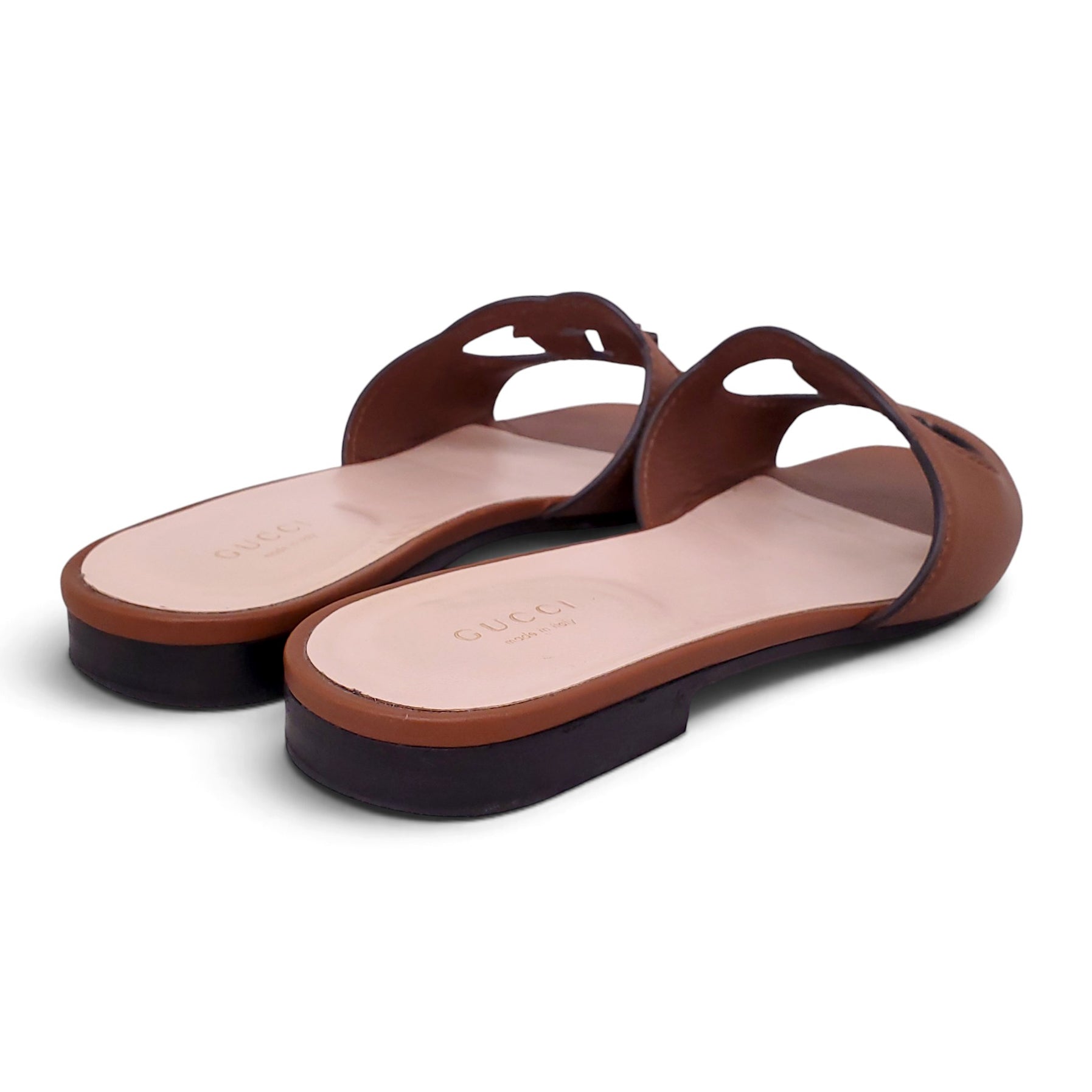 GUCCI TAN LEATHER LOGO SANDALS - SIZE 38