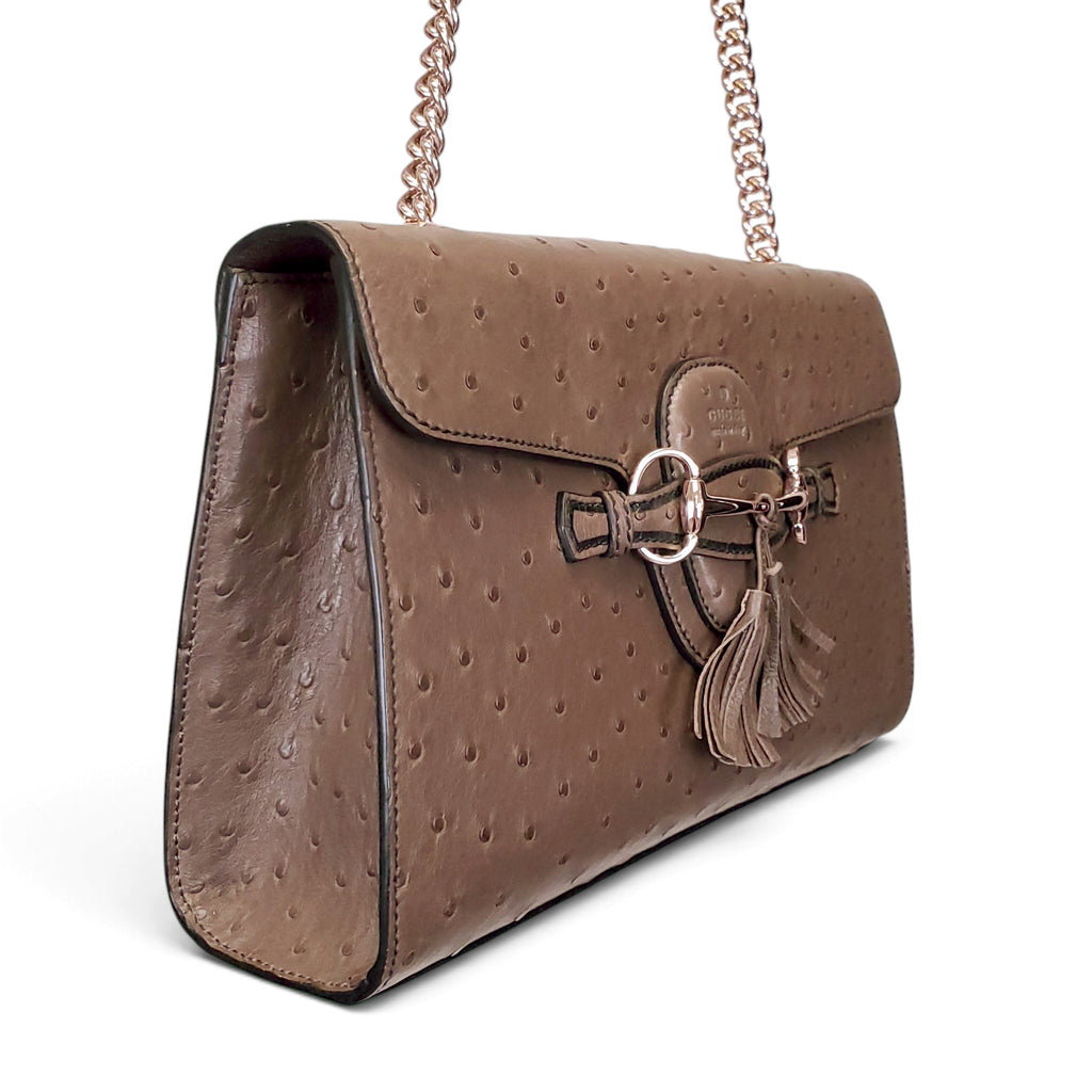 GUCCI TAUPE EMILY OSTRICH CHAIN SHOULDER BAG