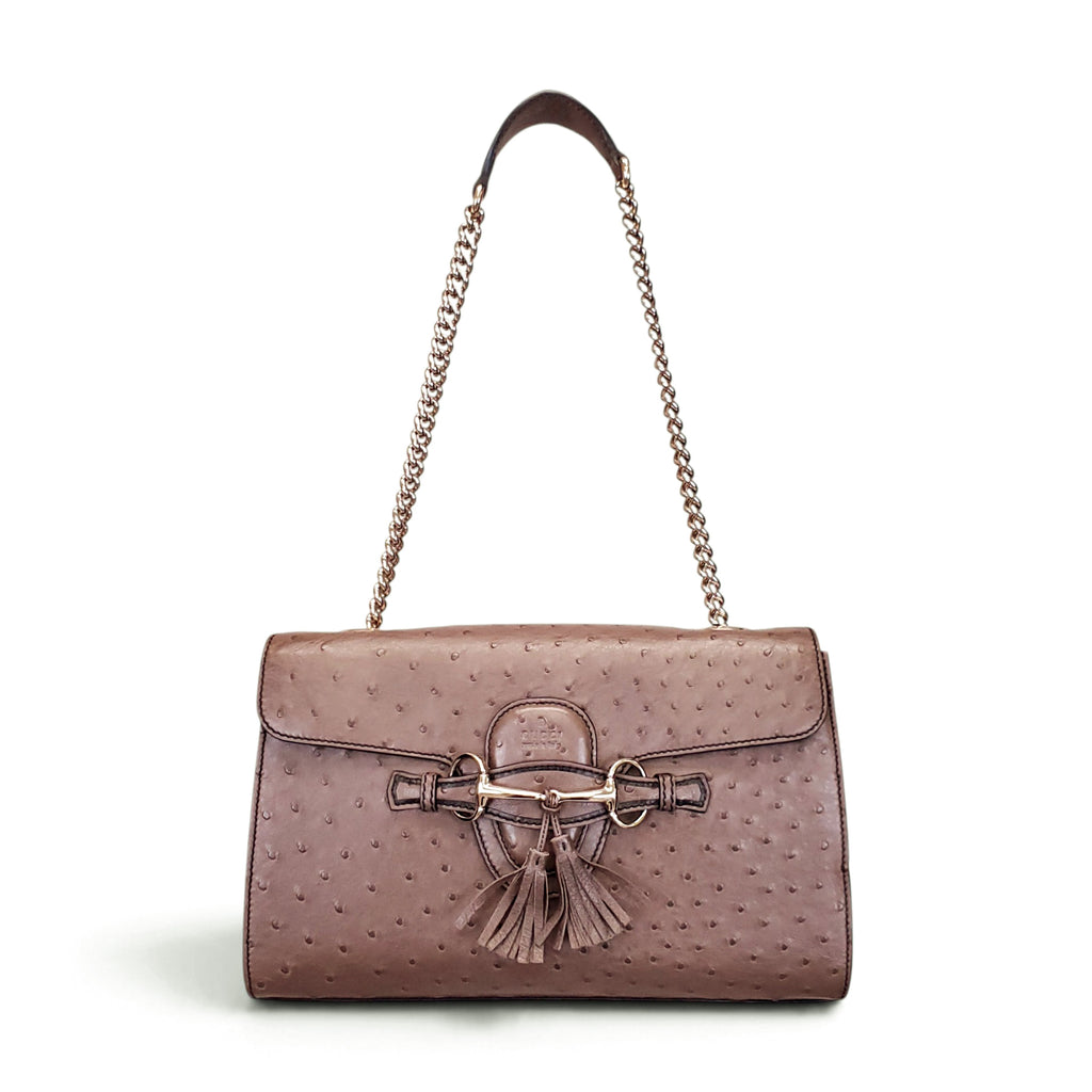 GUCCI TAUPE EMILY OSTRICH CHAIN SHOULDER BAG