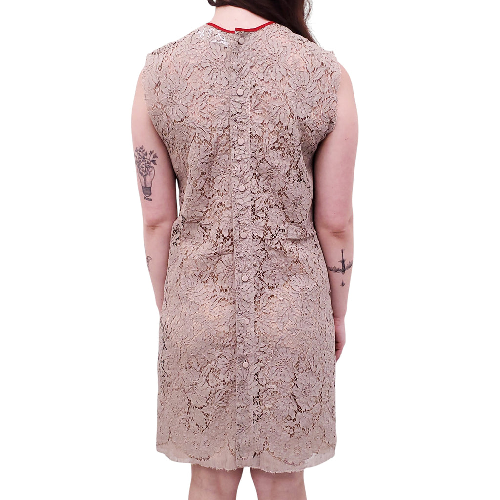 GUCCI TAUPE FLORAL LACE EYELET DRESS WITH RED TIE - SIZE 40