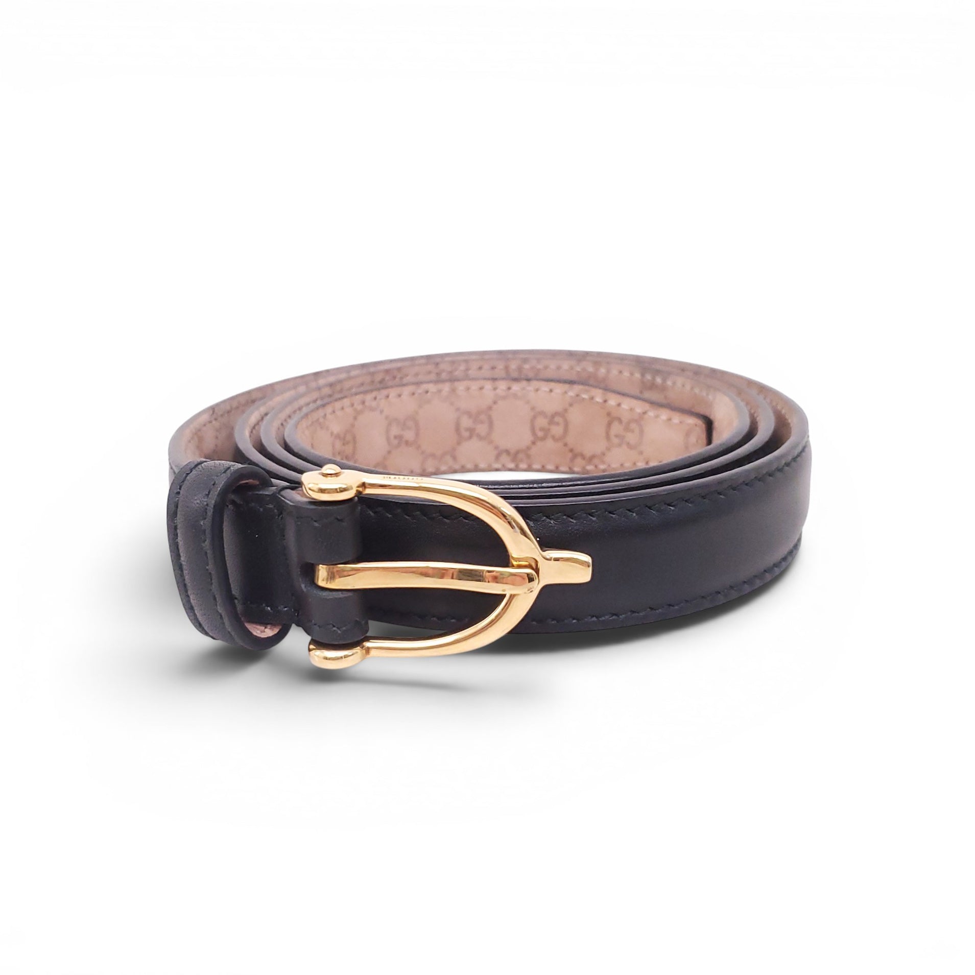 GUCCI THIN BLACK BELT WITH MONOGRAM INTERIOR - SIZE 90