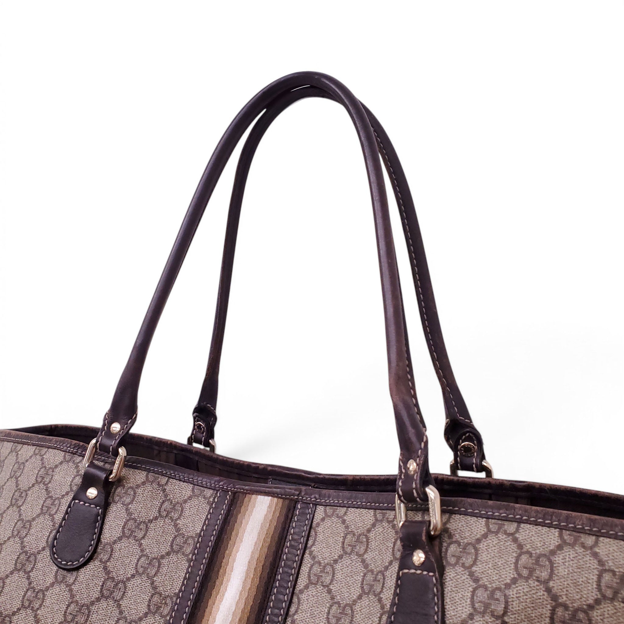 GUCCI VINTAGE MONOGRAM TOTE BAG WITH RIBBON STRIPE DETAIL