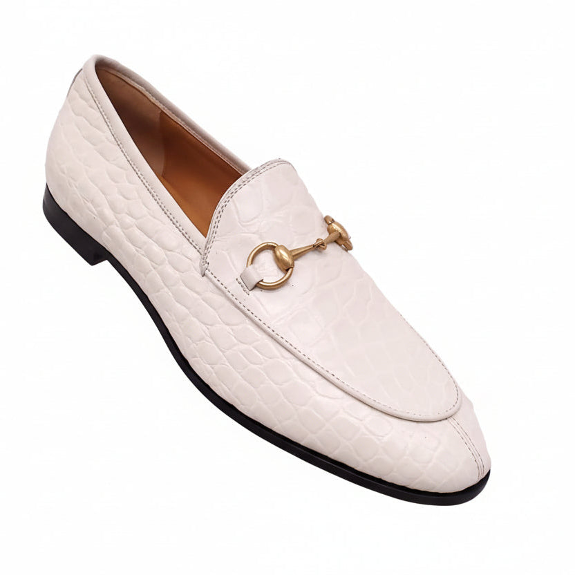 GUCCI WHITE CROCODILE JORDAAN LOAFERS - SIZE 38.5