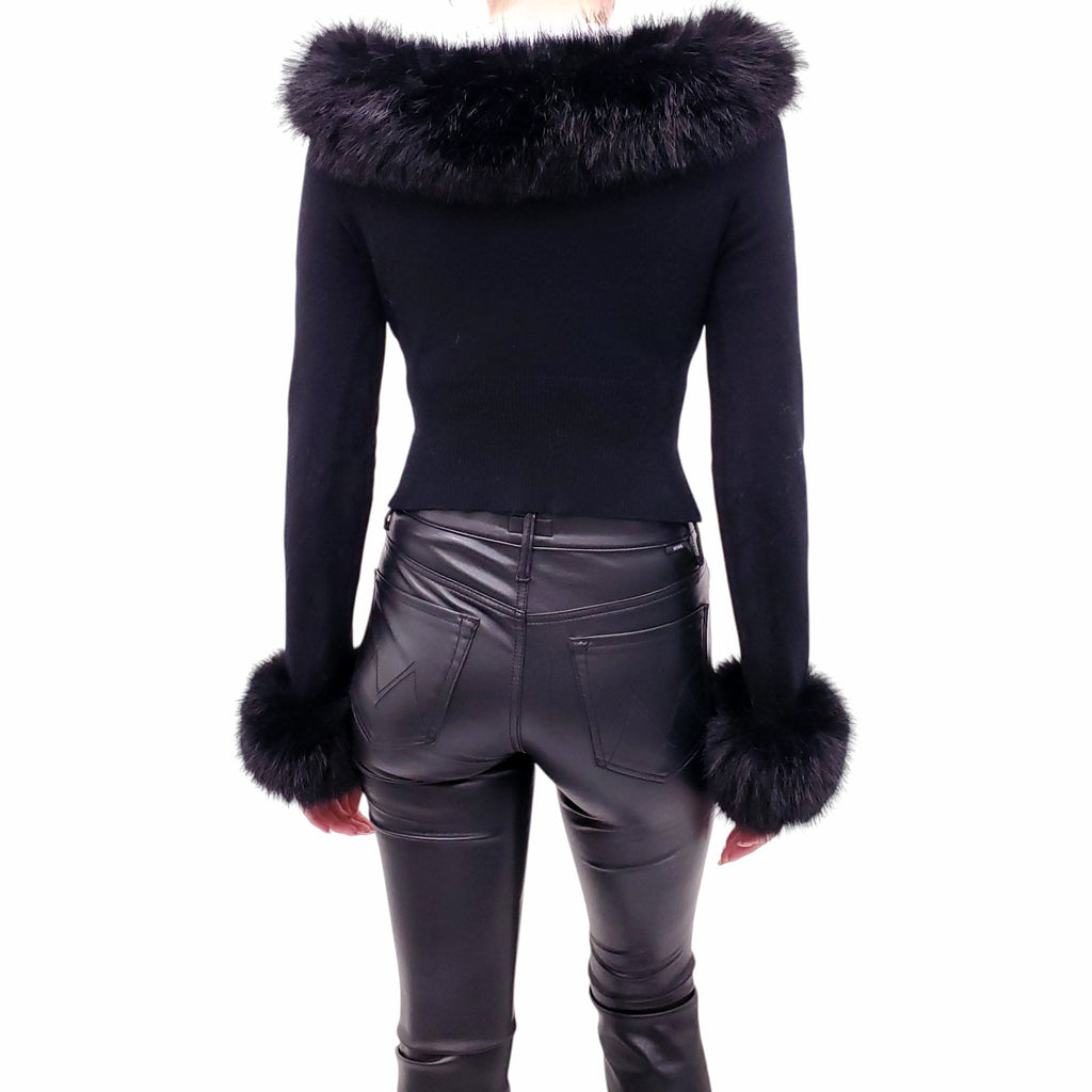 GUIZIO BLACK CROPPED FAUX FUR CARDIGAN - SIZE L