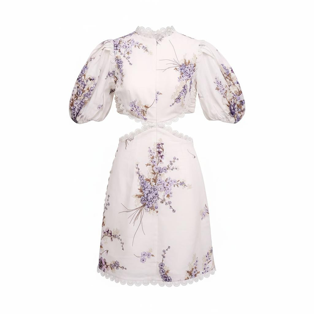 ZIMMERMANN JUDE CUTOUT MINI DRESS WITH PUFF SLEEVES - SIZE 0 (US 4)