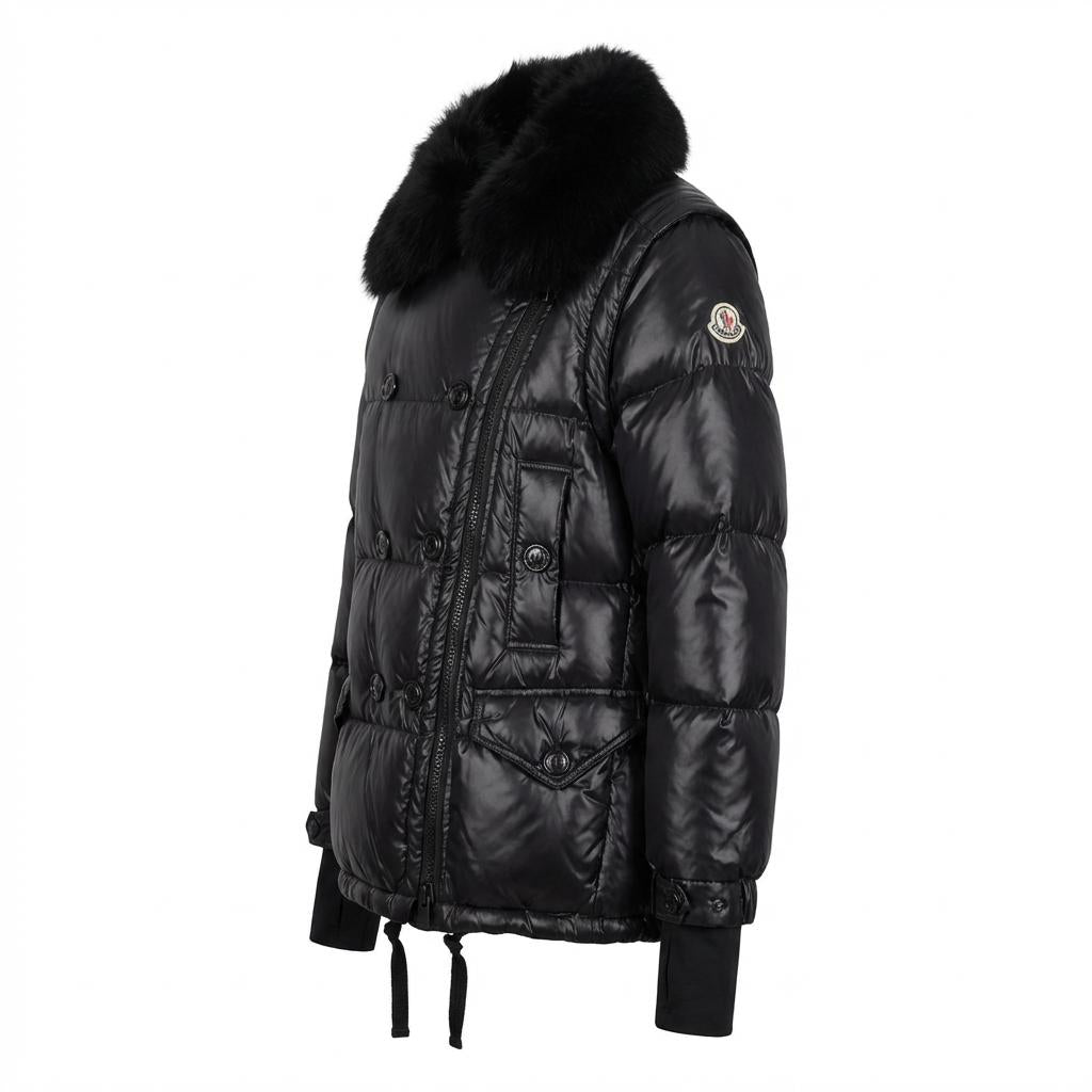 MONCLER BLACK GRENOBLE SEELISBERG SKI JACKET WITH FUR, LEATHER AND LOGO - SIZE 0 (XS)