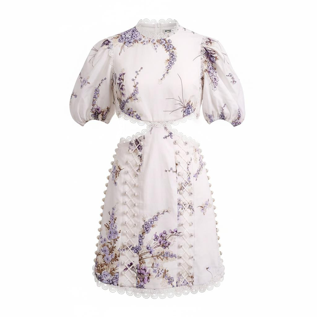 ZIMMERMANN JUDE CUTOUT MINI DRESS WITH PUFF SLEEVES - SIZE 0 (US 4)