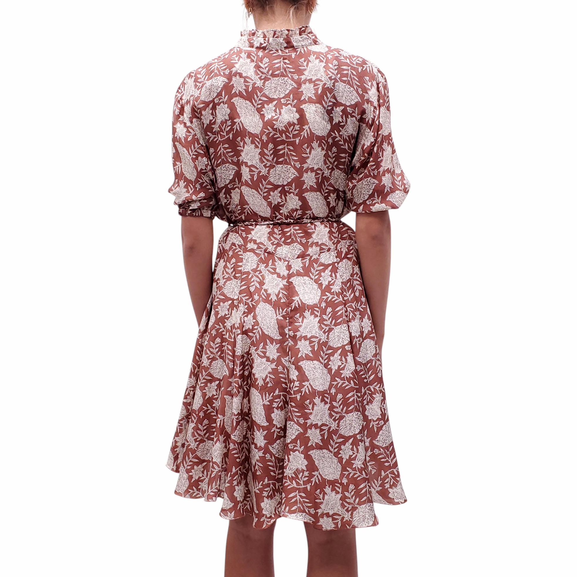 HANNAH BROWN PATTERNED WRAP DRESS - SIZE M (2)