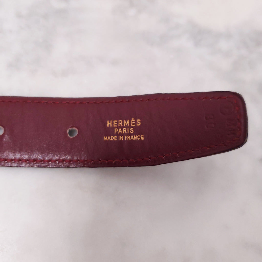 HERMÈS BLACK AND BURGUNDY LEATHER REVERSIBLE H BELT - SIZE 80