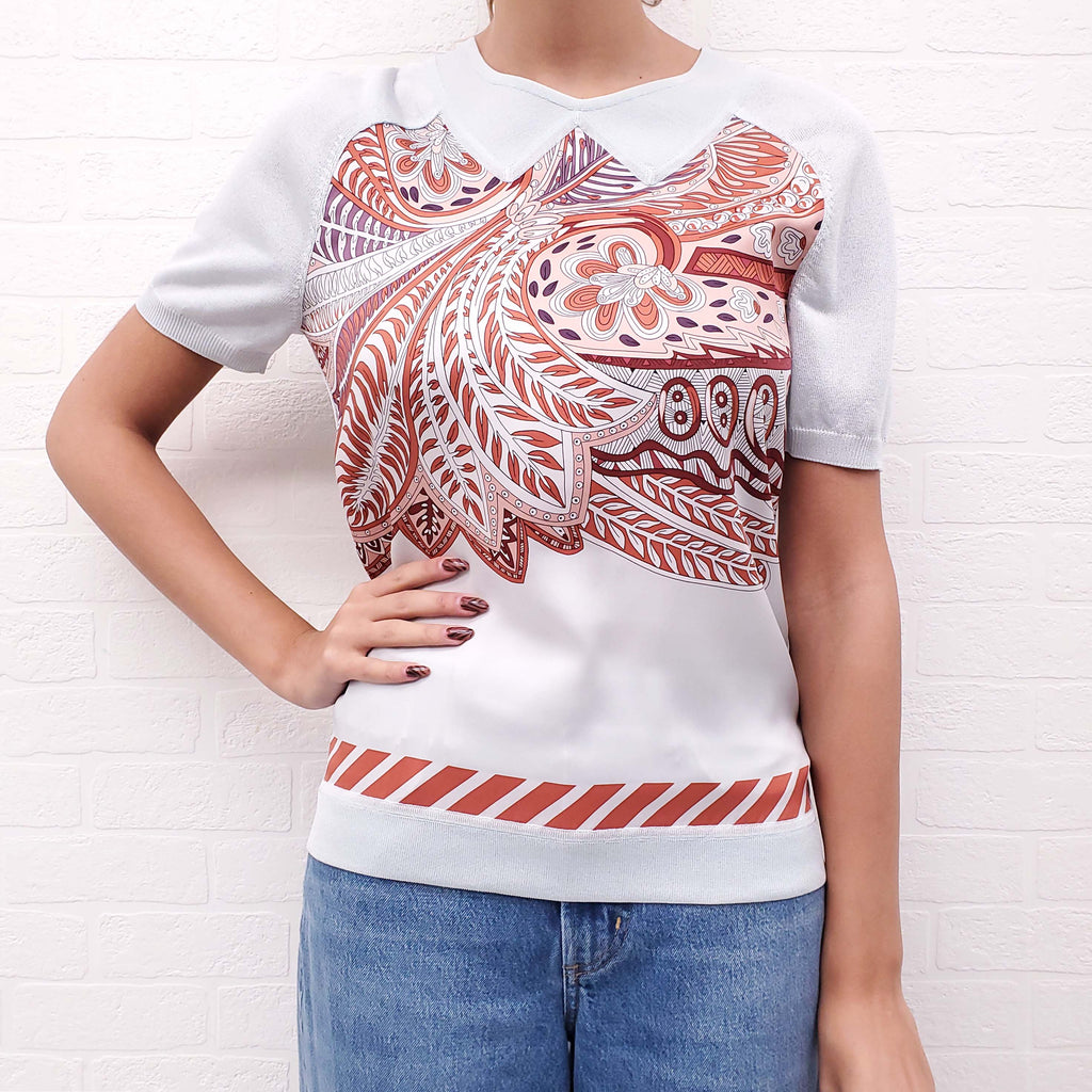 HERMÈS LIGHT BLUE SHORT SLEEVE SILK PATTERNED SWEATER - SIZE 36