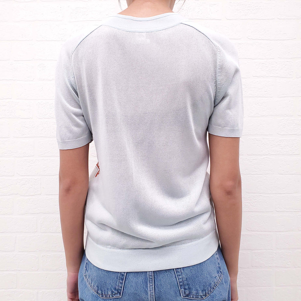 HERMÈS LIGHT BLUE SHORT SLEEVE SILK PATTERNED SWEATER - SIZE 36